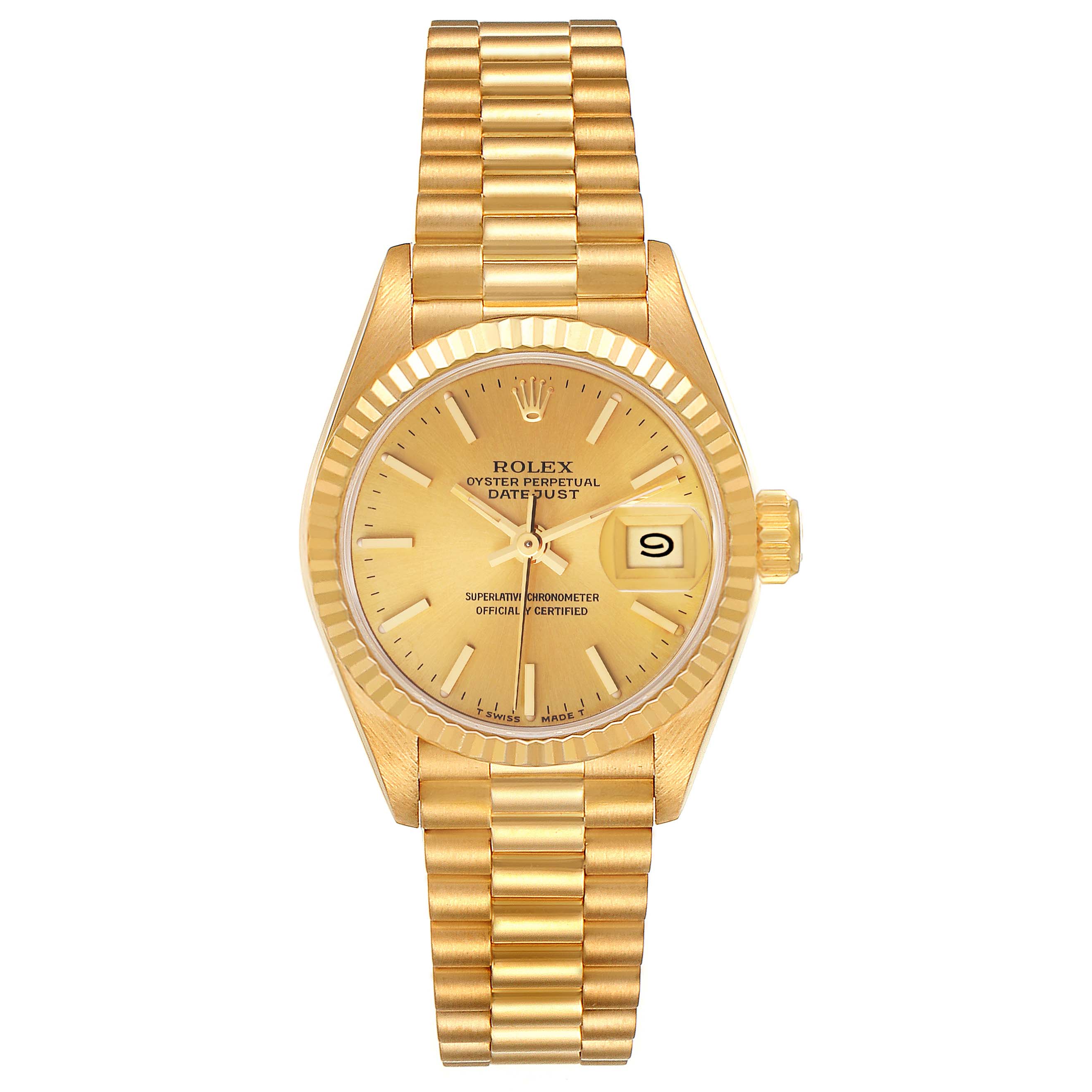 The image shows a frontal view of a Rolex President 69178 Women
s Yellow Gold Champagne Dial 69178 Women
s Yellow Gold Champagne Dial model watch, displaying its dial, fluted bezel, and bracelet.