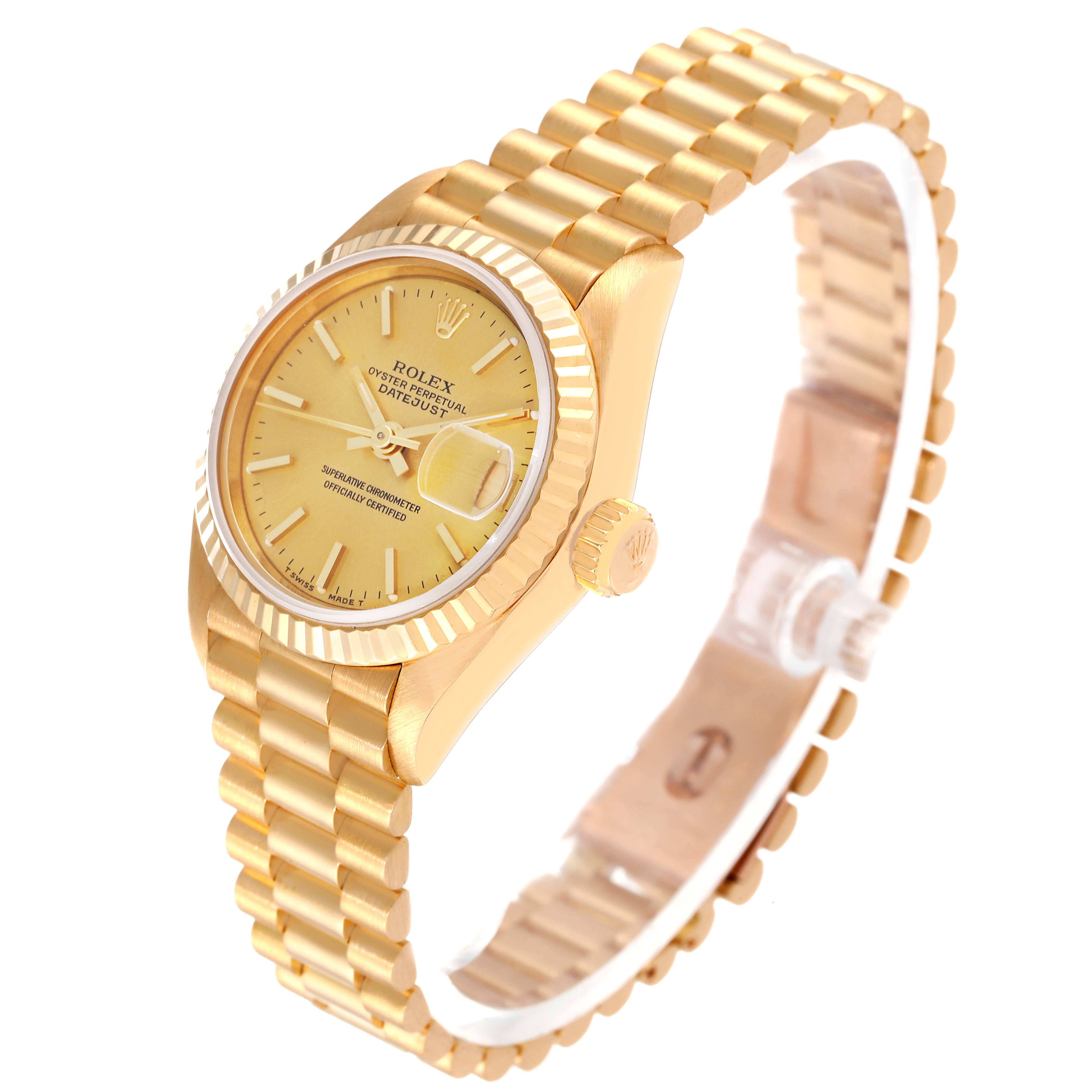 The image shows a side angle of a Rolex President 69178 Women
s Yellow Gold Champagne Dial 69178 Women
s Yellow Gold Champagne Dial model watch, highlighting the face, bezel, crown, and bracelet.