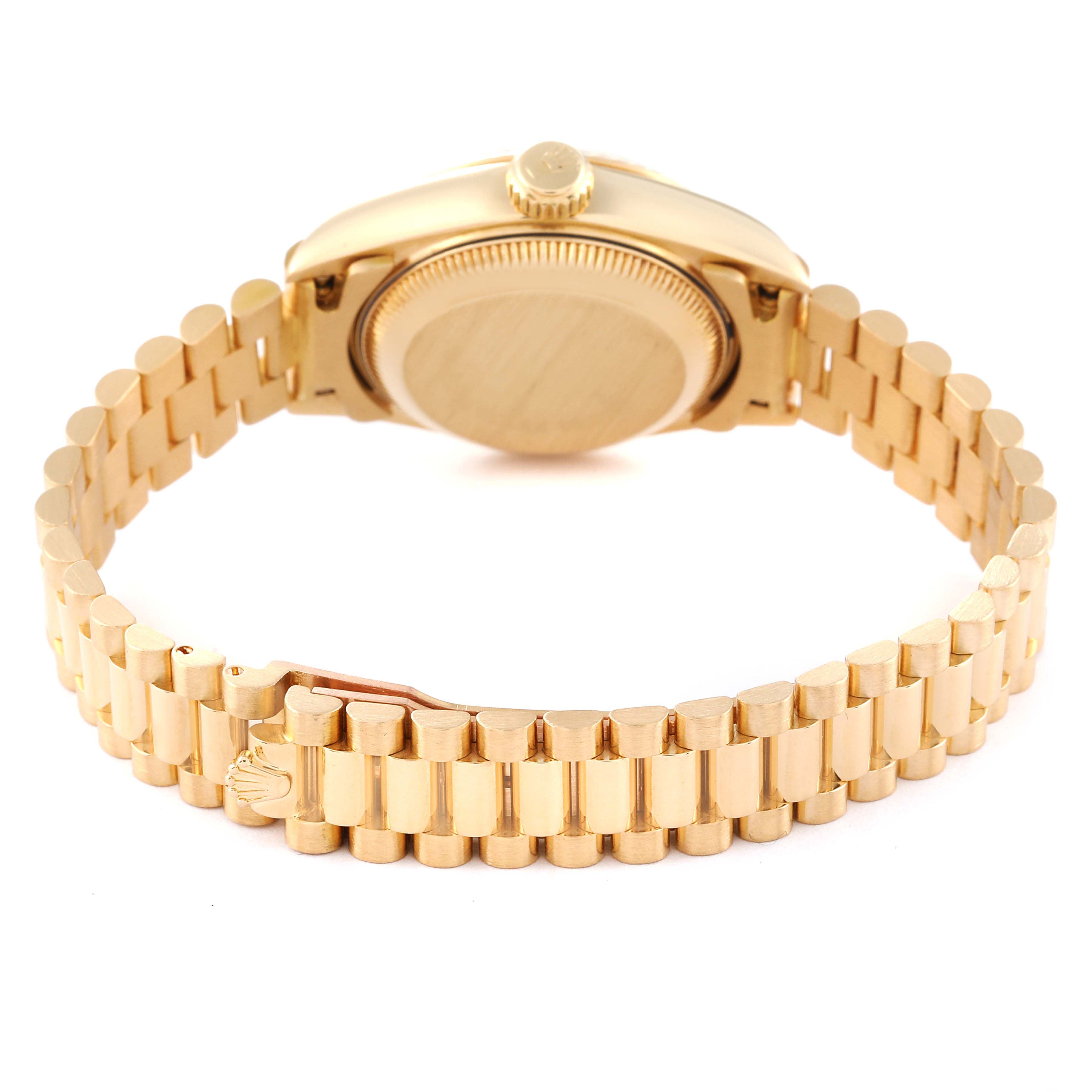 The image shows the back view of a Rolex President 69178 Women
s Yellow Gold Champagne Dial 69178 Women
s Yellow Gold Champagne Dial model watch, highlighting its gold bracelet and case back.