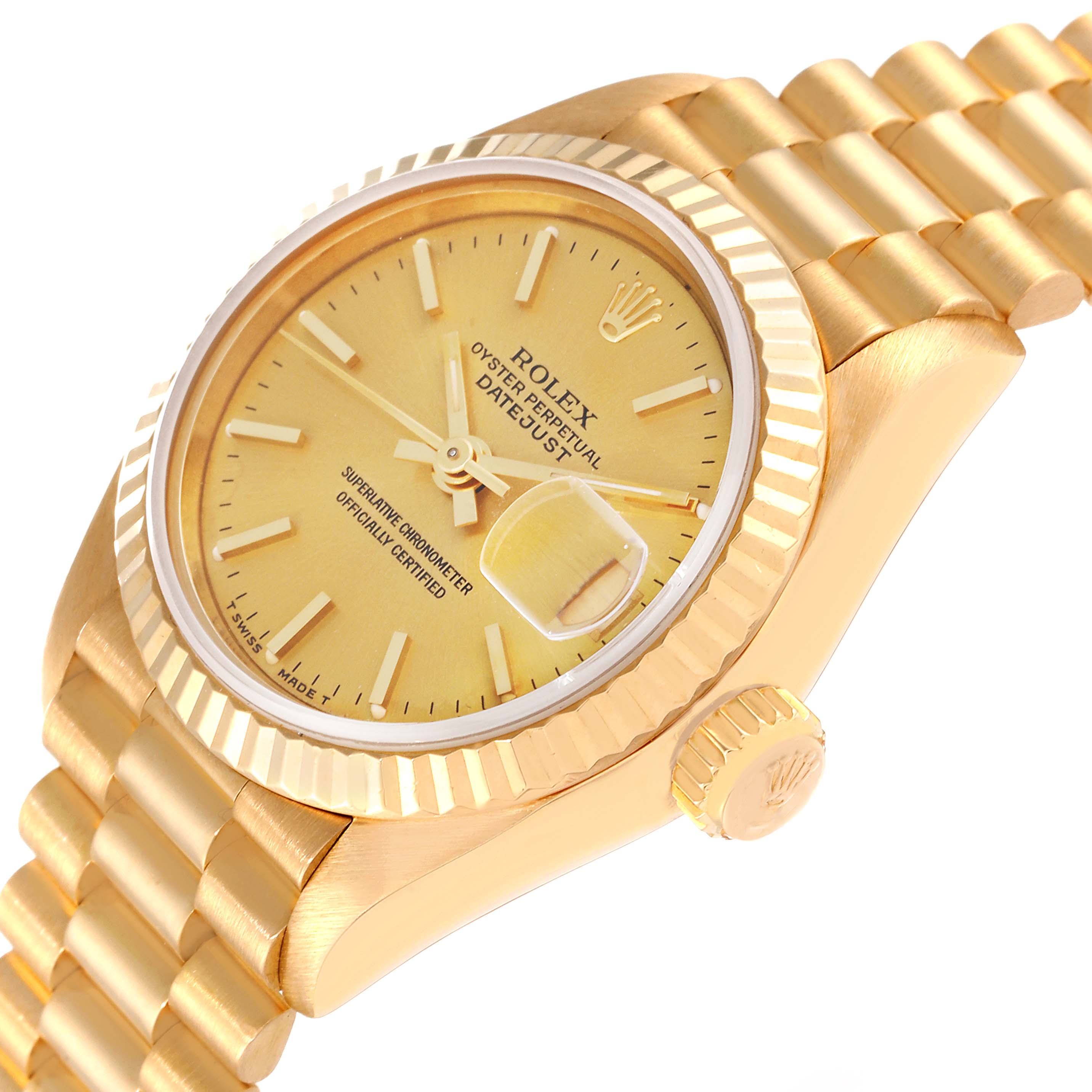 The image shows a side angle of the Rolex President 69178 Women
s Yellow Gold Champagne Dial 69178 Women
s Yellow Gold Champagne Dial model, highlighting its gold bracelet, case, dial, and fluted bezel.