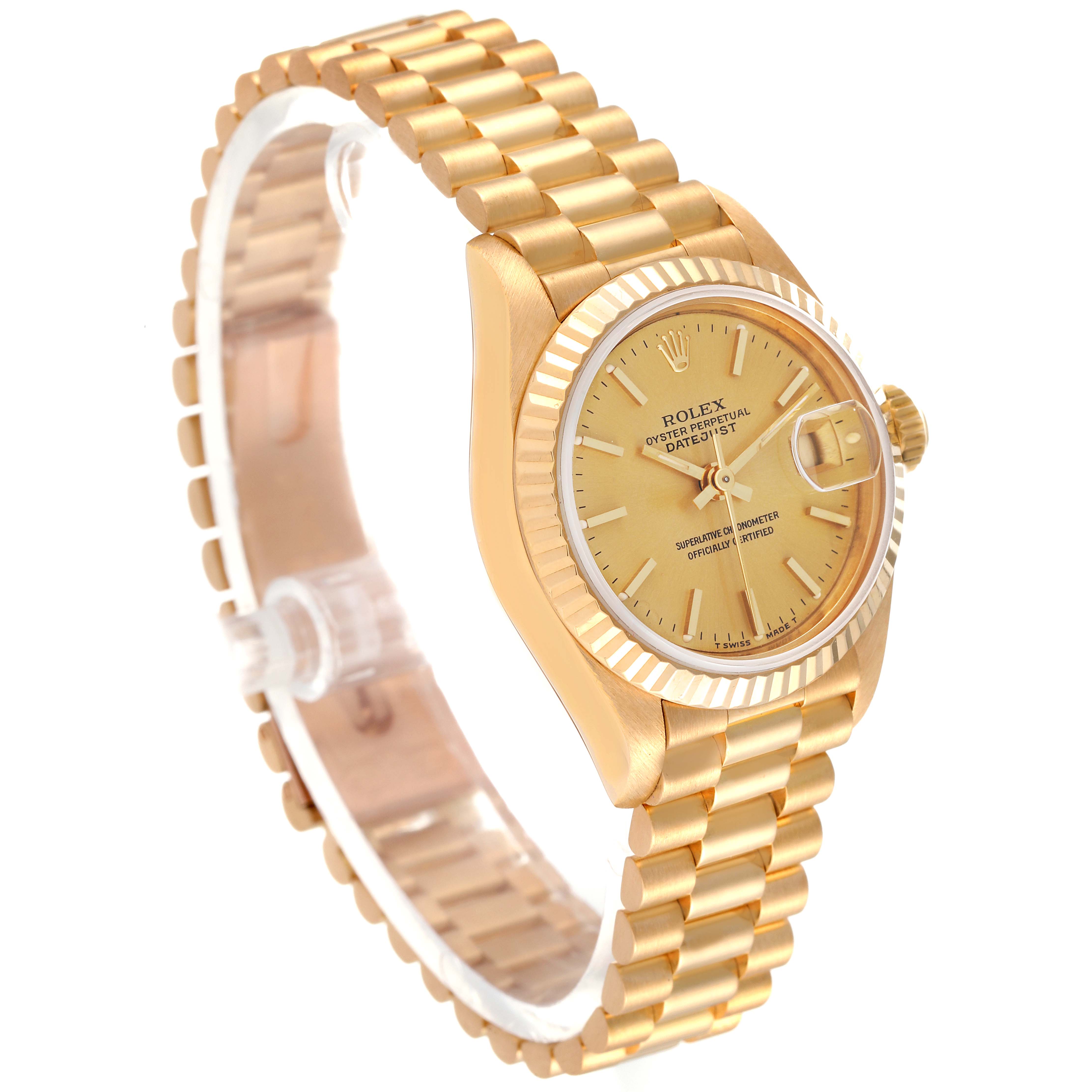 The Rolex President 69178 Women
s Yellow Gold Champagne Dial 69178 Women
s Yellow Gold Champagne Dial model watch is shown at a slight angle, highlighting its gold case, fluted bezel, and President bracelet.