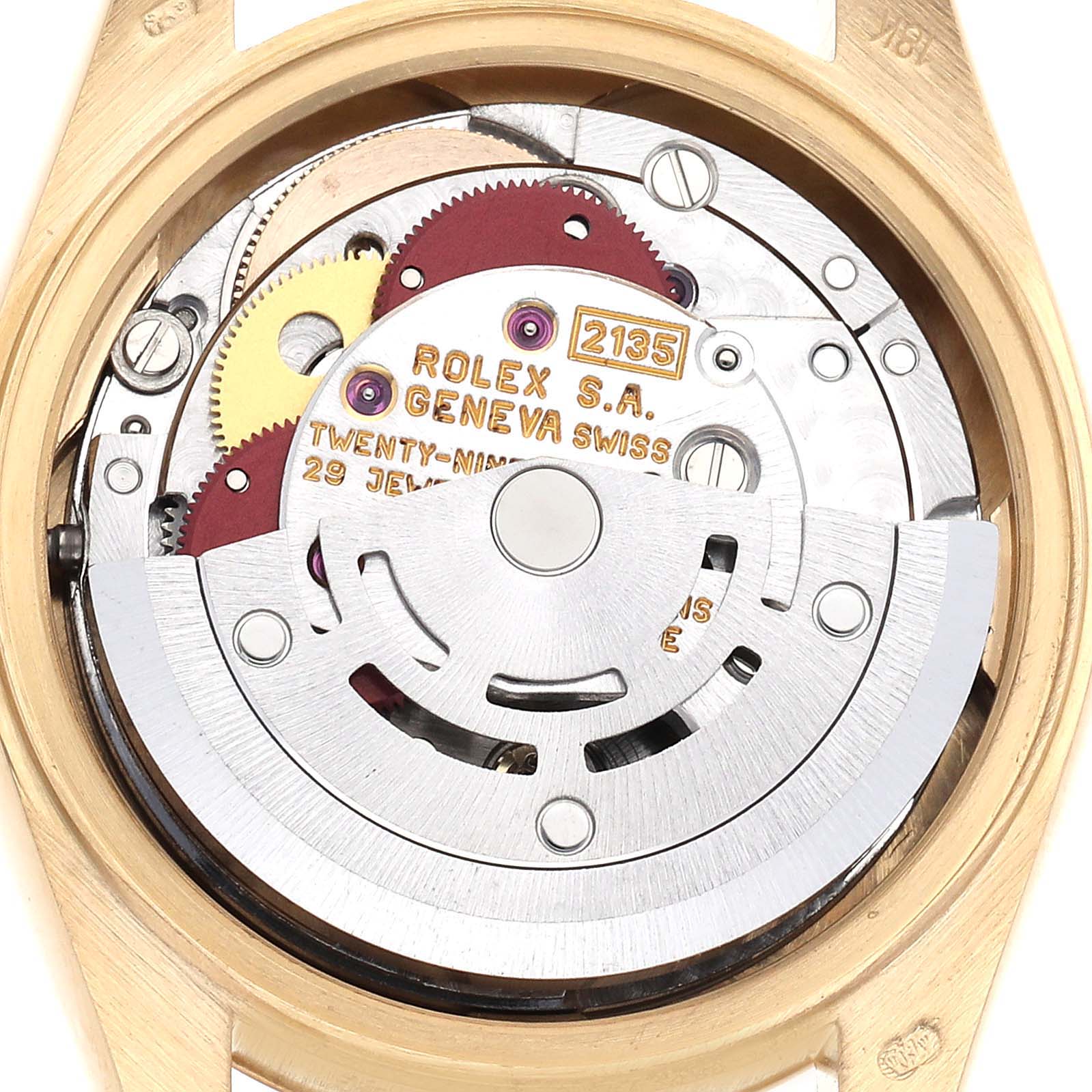 The image shows the movement mechanism of the Rolex President 69178 Women's Yellow Gold Champagne Dial 69178 Women's Yellow Gold Champagne Dial model from a rear, open-case view.