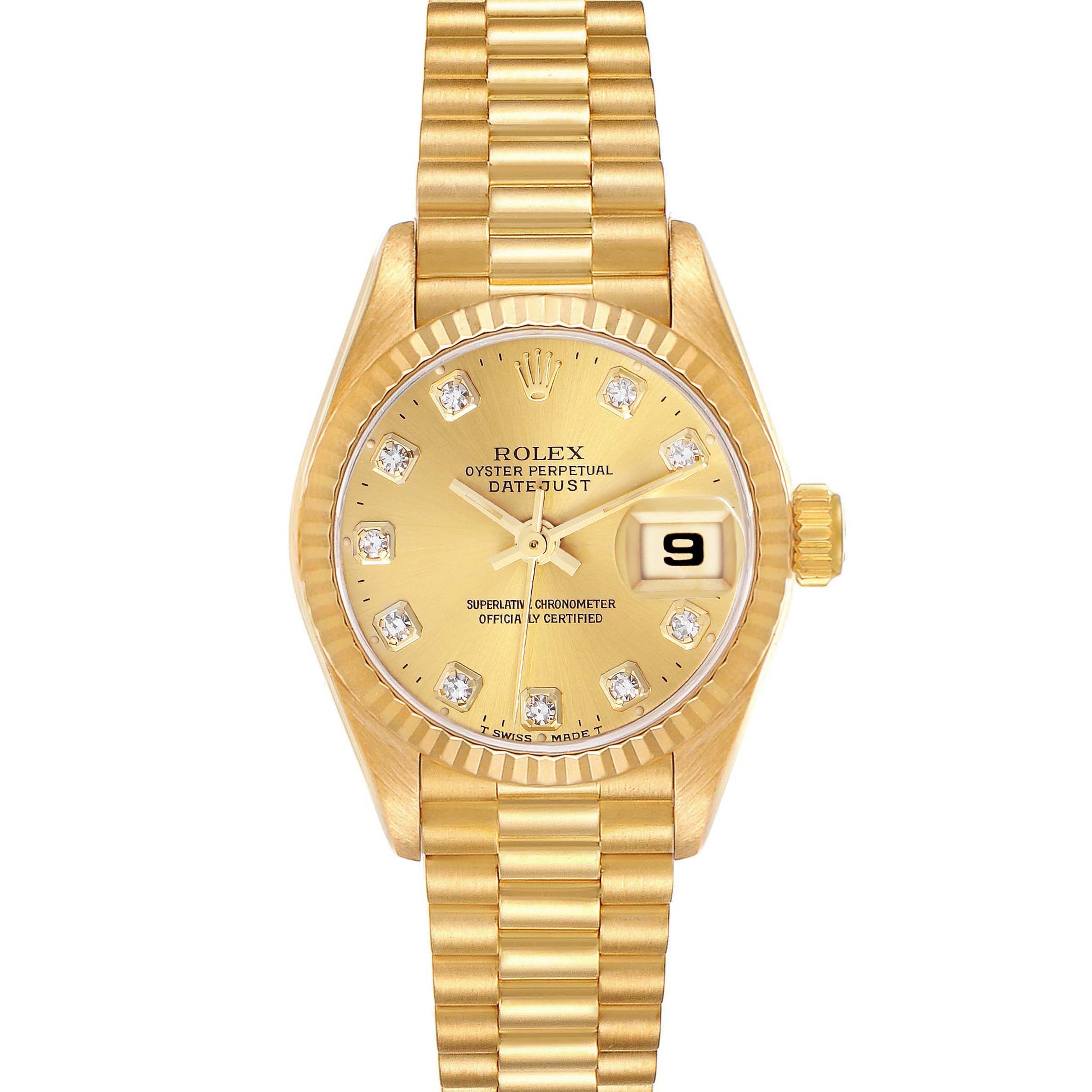 The Rolex President 69178 Women's Yellow Gold Champagne Dial 69178 Women's Yellow Gold Champagne Dial model watch is shown from the front, highlighting the dial, bezel, bracelet, and crown.