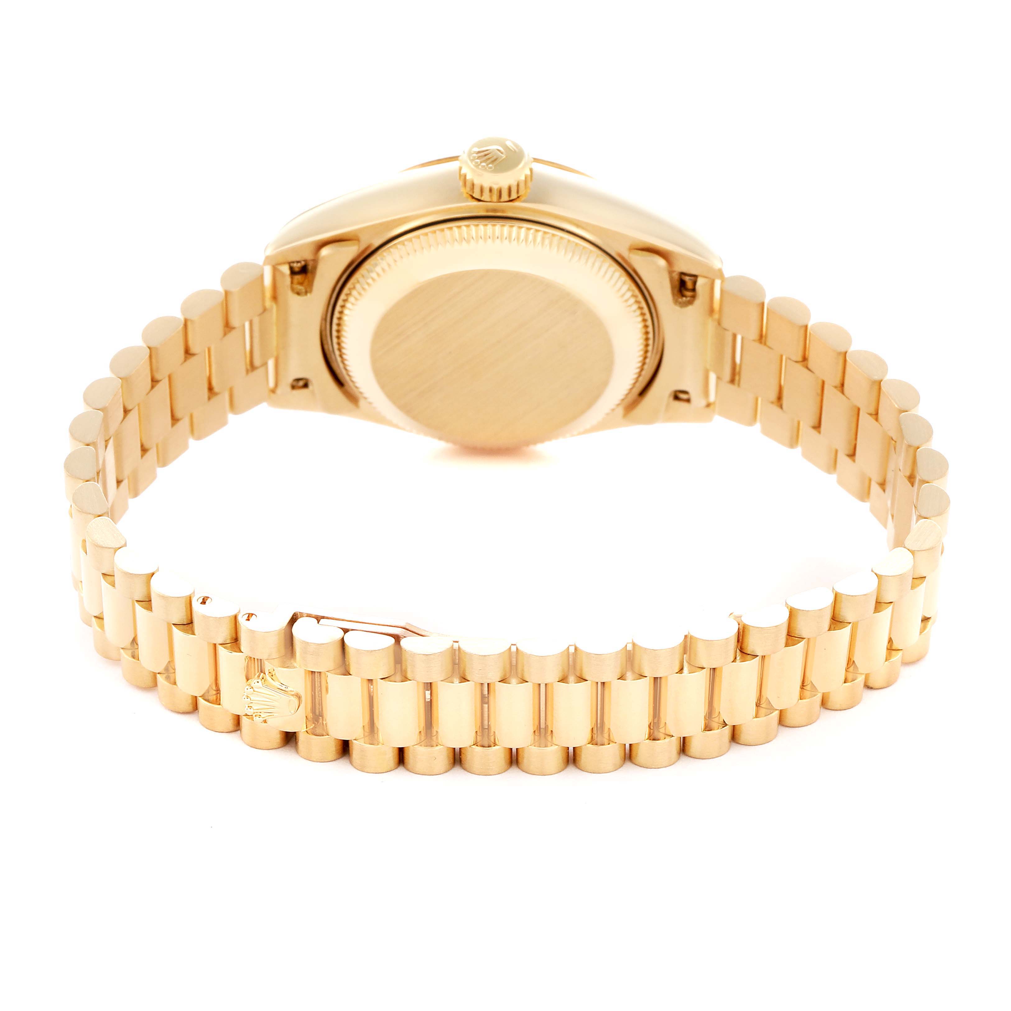 The image shows the back view of a Rolex President 69178 Women's Yellow Gold Champagne Dial 69178 Women's Yellow Gold Champagne Dial model, highlighting its case back and bracelet.