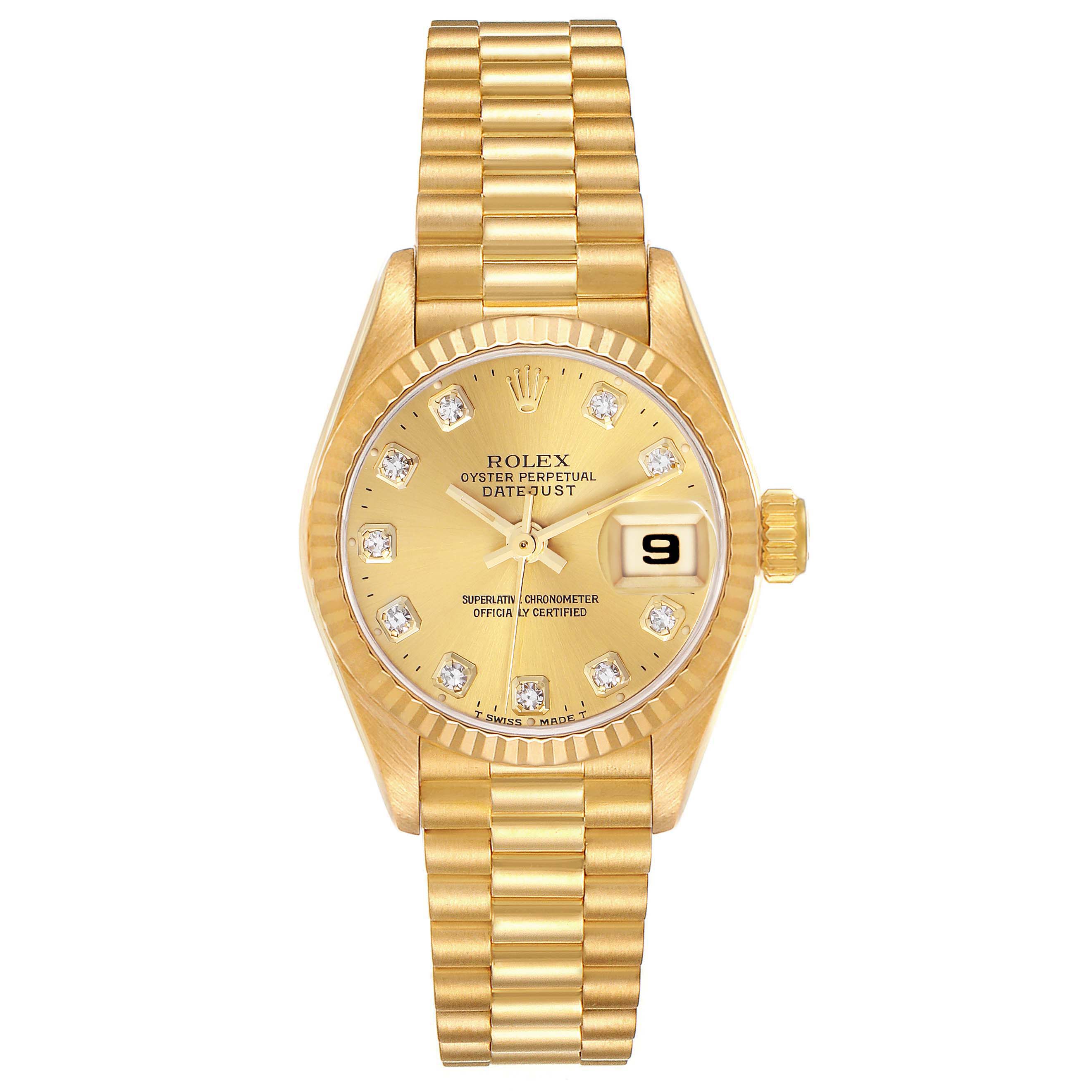 The Rolex President 69178 Women's Yellow Gold Champagne Dial 69178 Women's Yellow Gold Champagne Dial model watch is shown from a front view, displaying its gold dial, diamond hour markers, and bracelet.