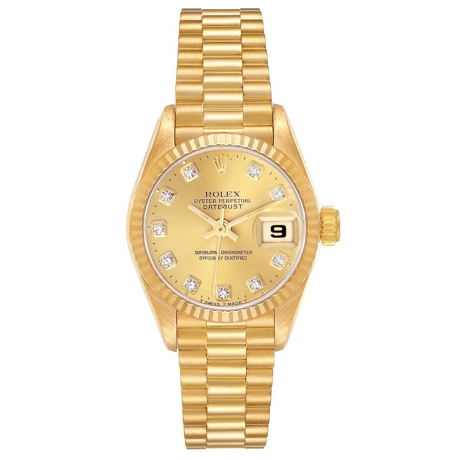 The Rolex President model watch is shown from a front view, displaying its gold dial, diamond hour markers, and bracelet.