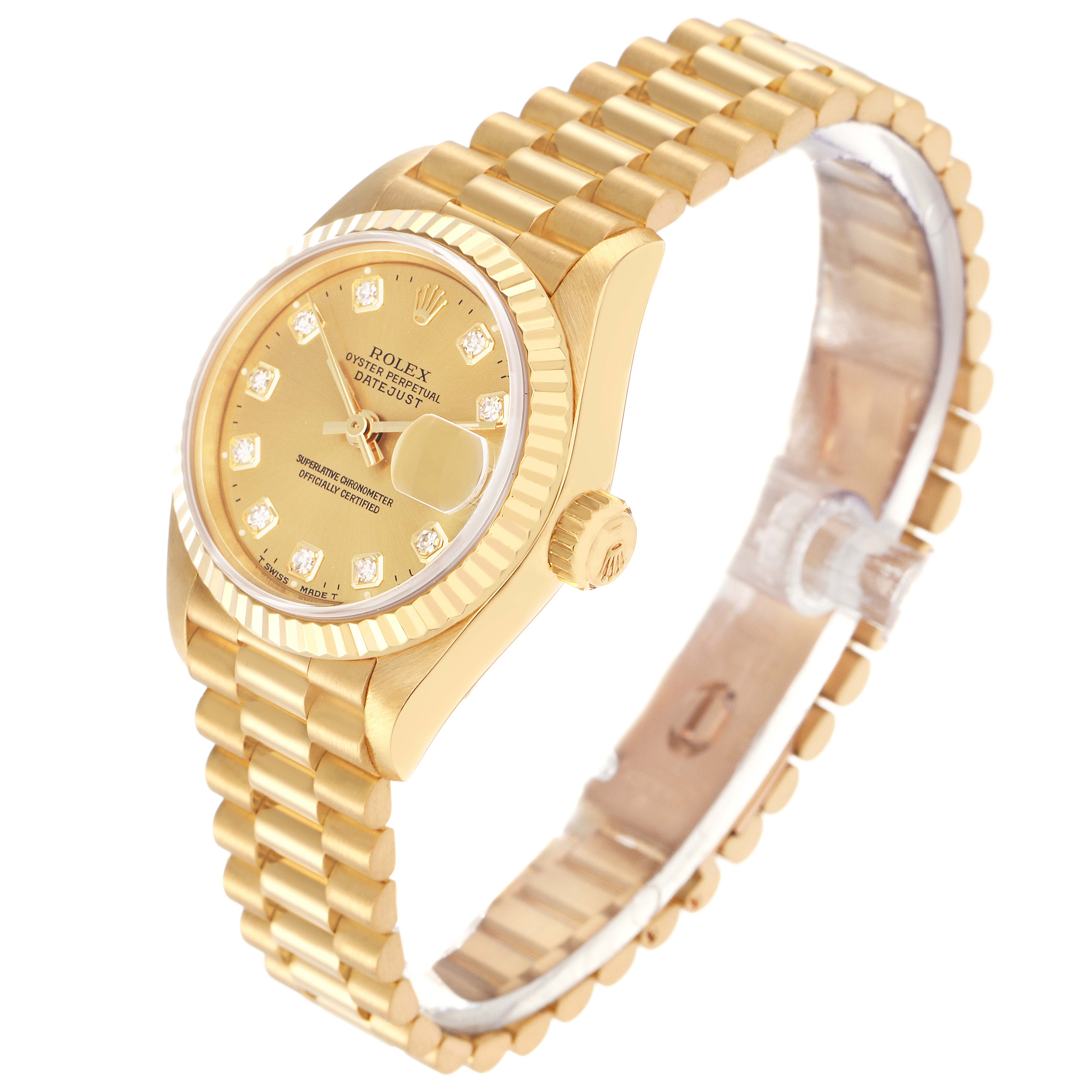 The Rolex President 69178 Women's Yellow Gold Champagne Dial 69178 Women's Yellow Gold Champagne Dial model is shown at an angled view, displaying the dial, bezel, crown, and bracelet.