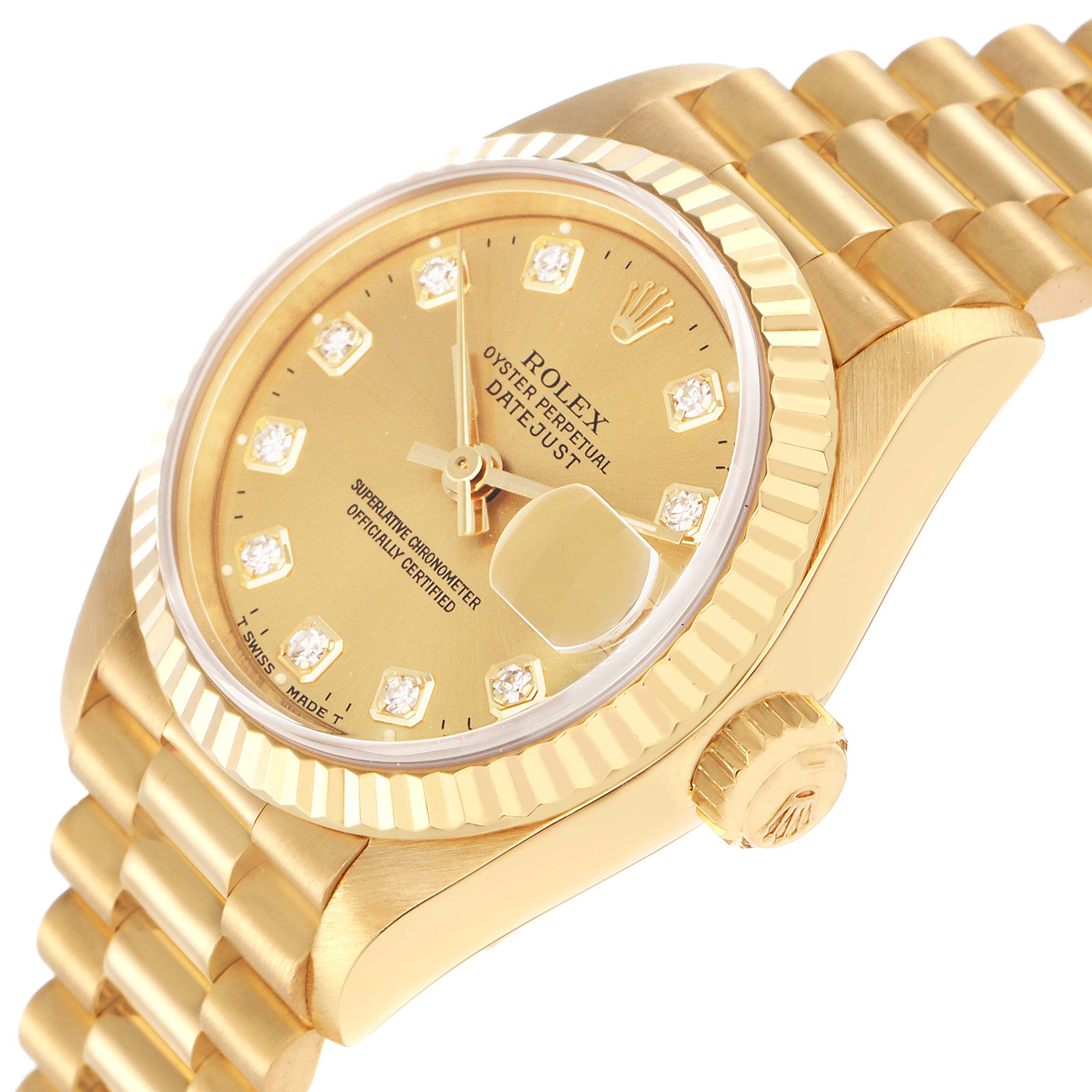 The Rolex President 69178 Women's Yellow Gold Champagne Dial 69178 Women's Yellow Gold Champagne Dial model is shown at an angle displaying the face, crown, bezel, and part of the bracelet.