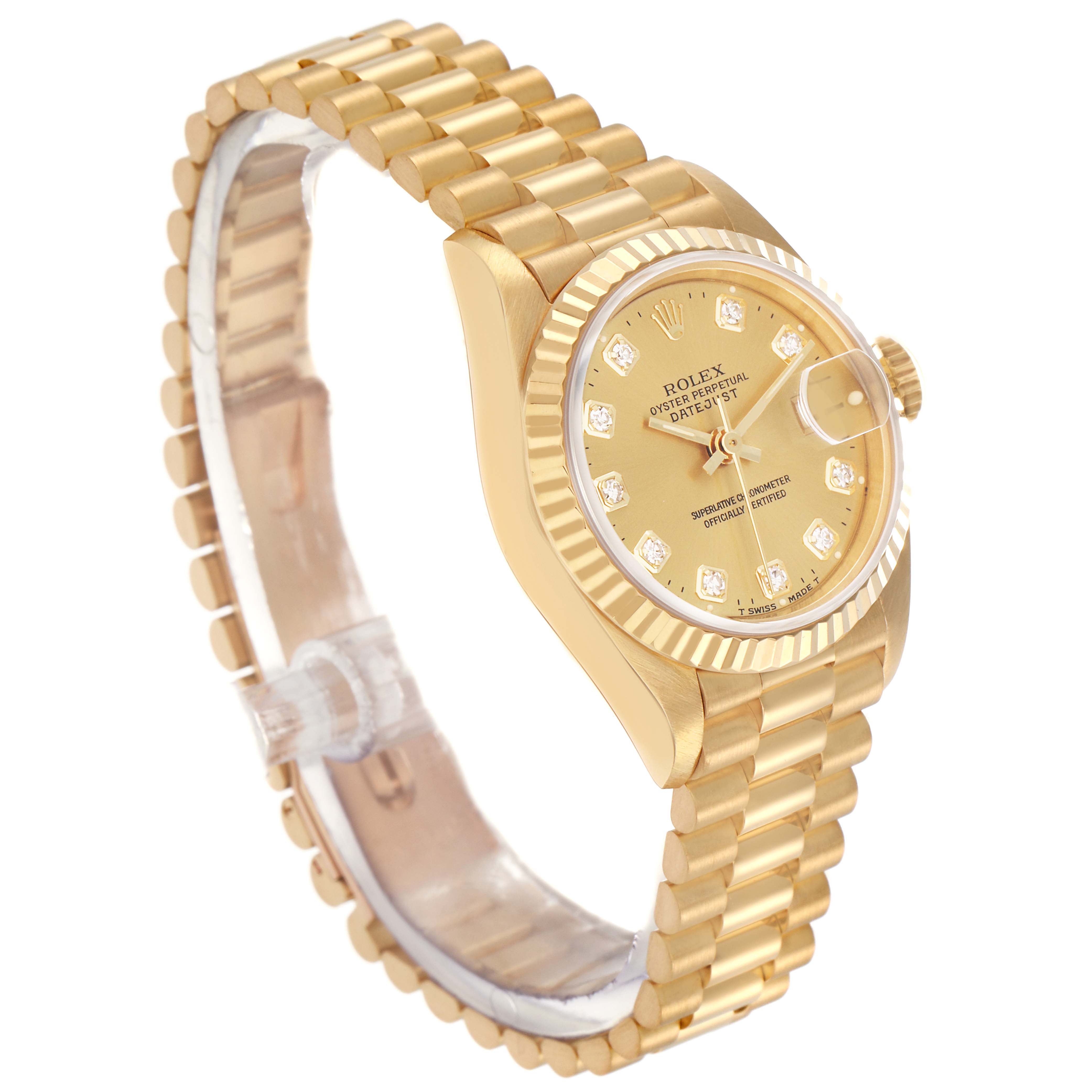 The Rolex President 69178 Women's Yellow Gold Champagne Dial 69178 Women's Yellow Gold Champagne Dial model is shown at an oblique angle, highlighting the bracelet, bezel, and face with diamond hour markers.