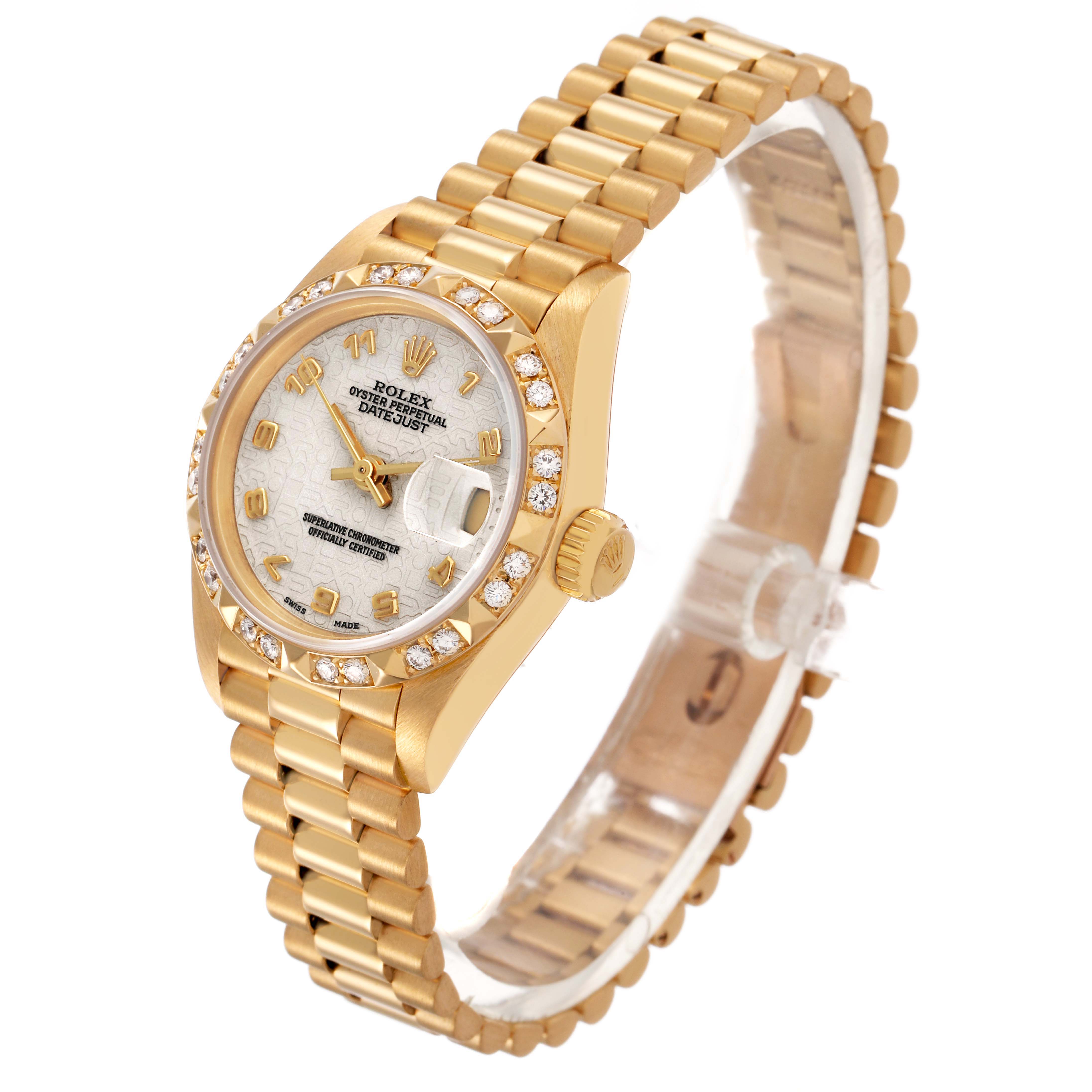 The Rolex President 69258 Women's Yellow Gold White Dial model watch is shown from a three-quarter angle, highlighting its bracelet, bezel, and dial.