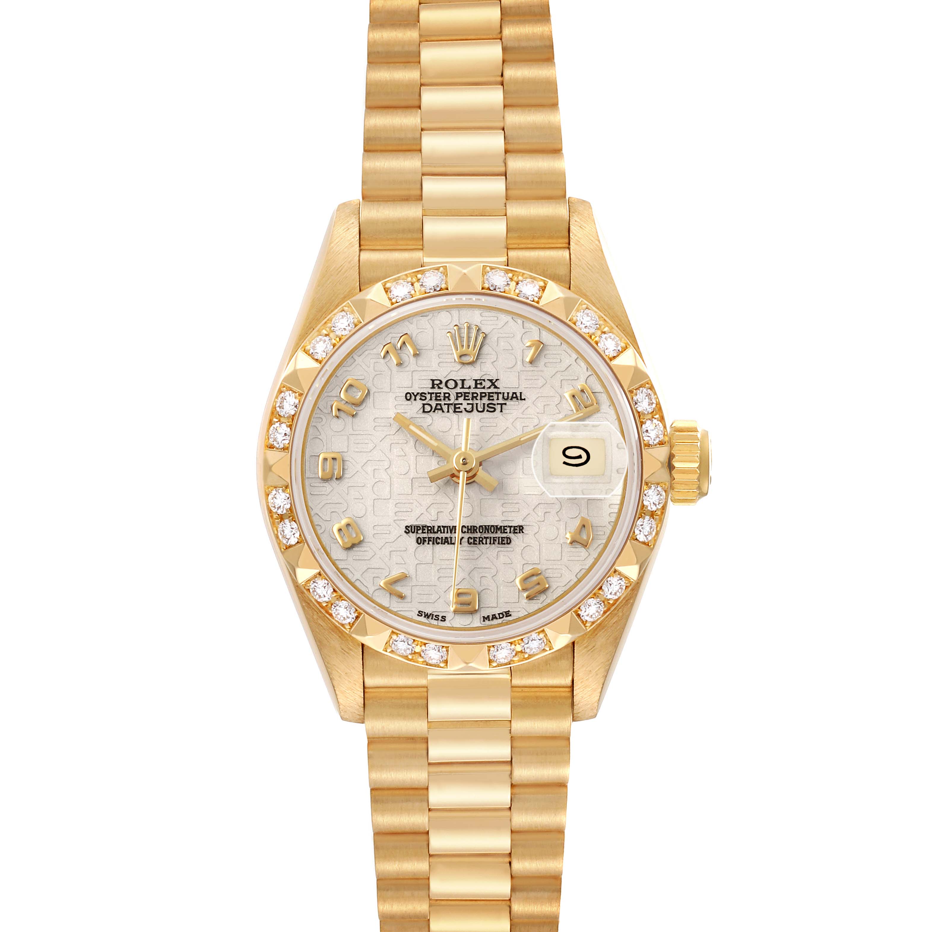 The Rolex President 69258 Women's Yellow Gold White Dial's model is shown from a top-down angle, displaying its gold bracelet, diamond-set bezel, and date feature.