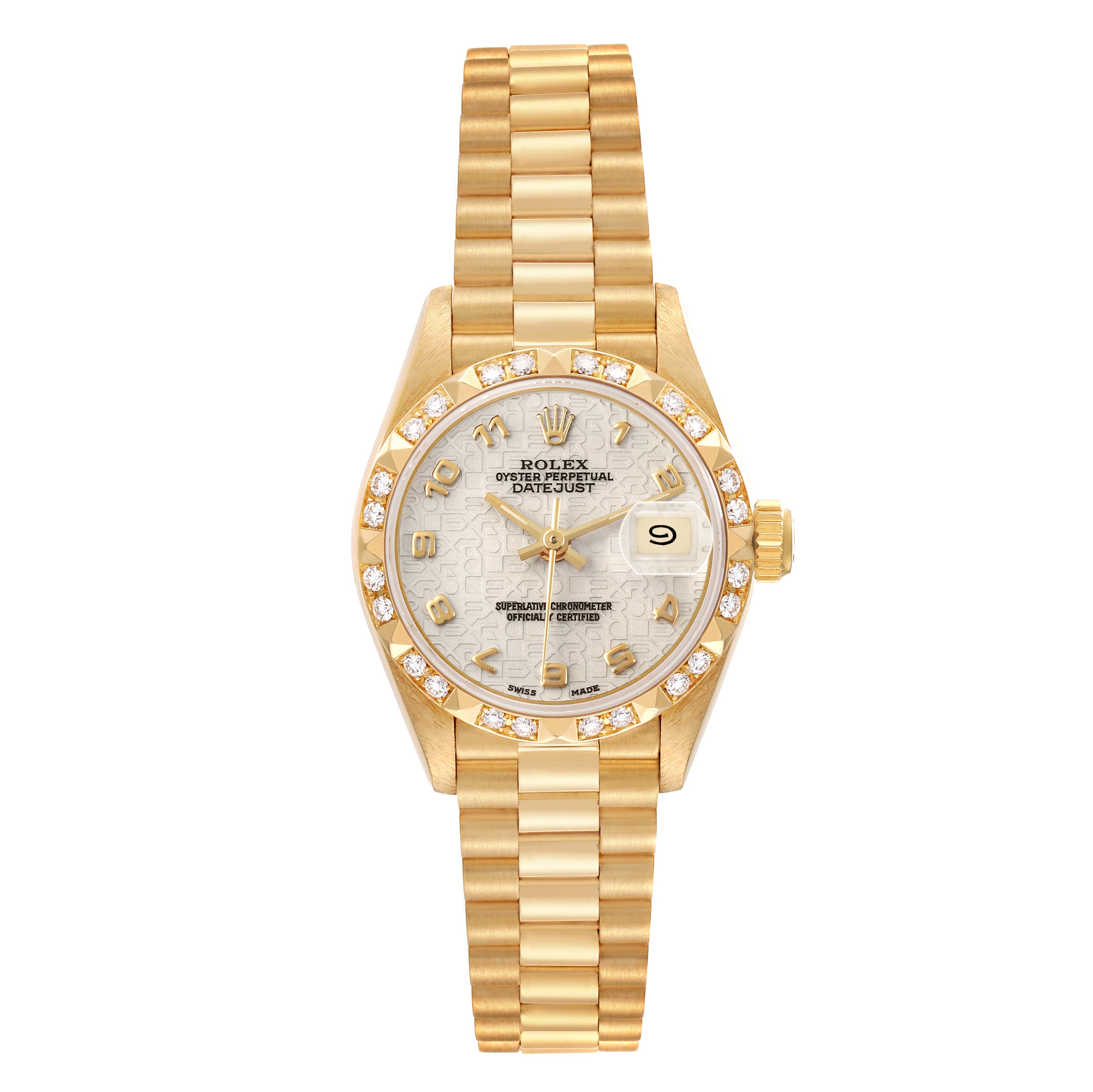 The Rolex President 69258 Women's Yellow Gold White Dial watch is shown from a front angle, highlighting the gold bracelet, diamond bezel, and patterned dial.