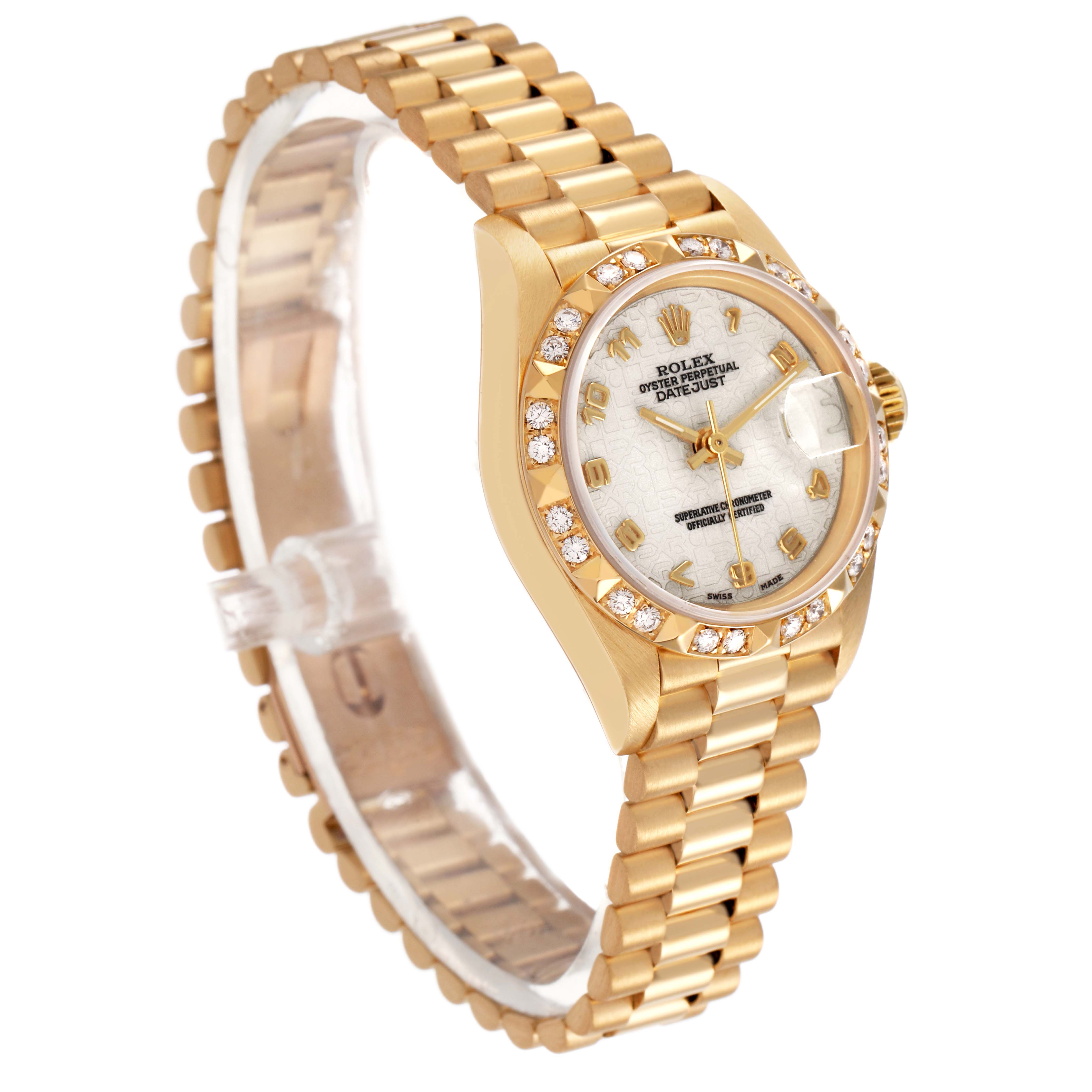 The Rolex President 69258 Women's Yellow Gold White Dial model watch is shown at an angle highlighting its gold bracelet, diamond-accented bezel, and dial details.