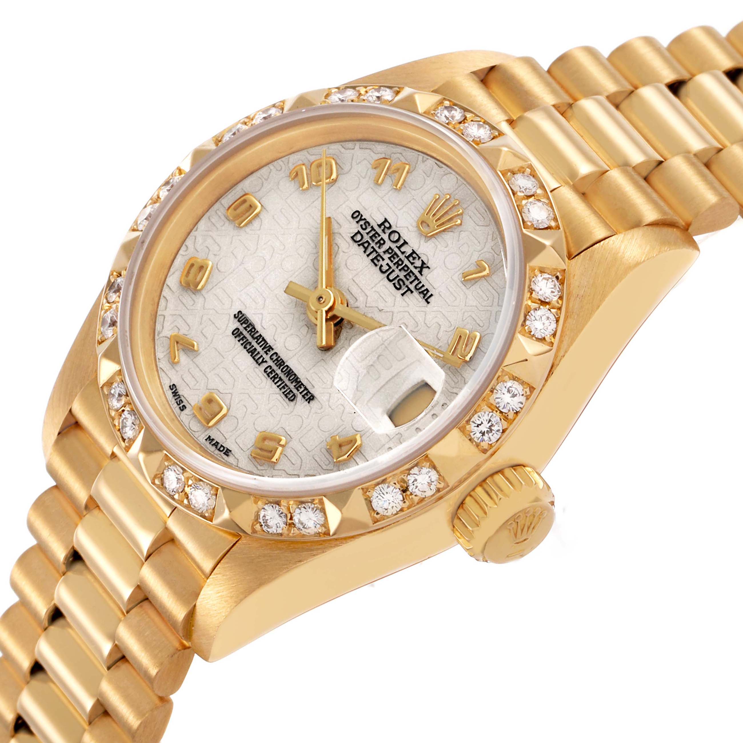 The Rolex President 69258 Women's Yellow Gold White Dial model watch is shown at a slight angle highlighting the diamond-studded bezel and part of the bracelet.