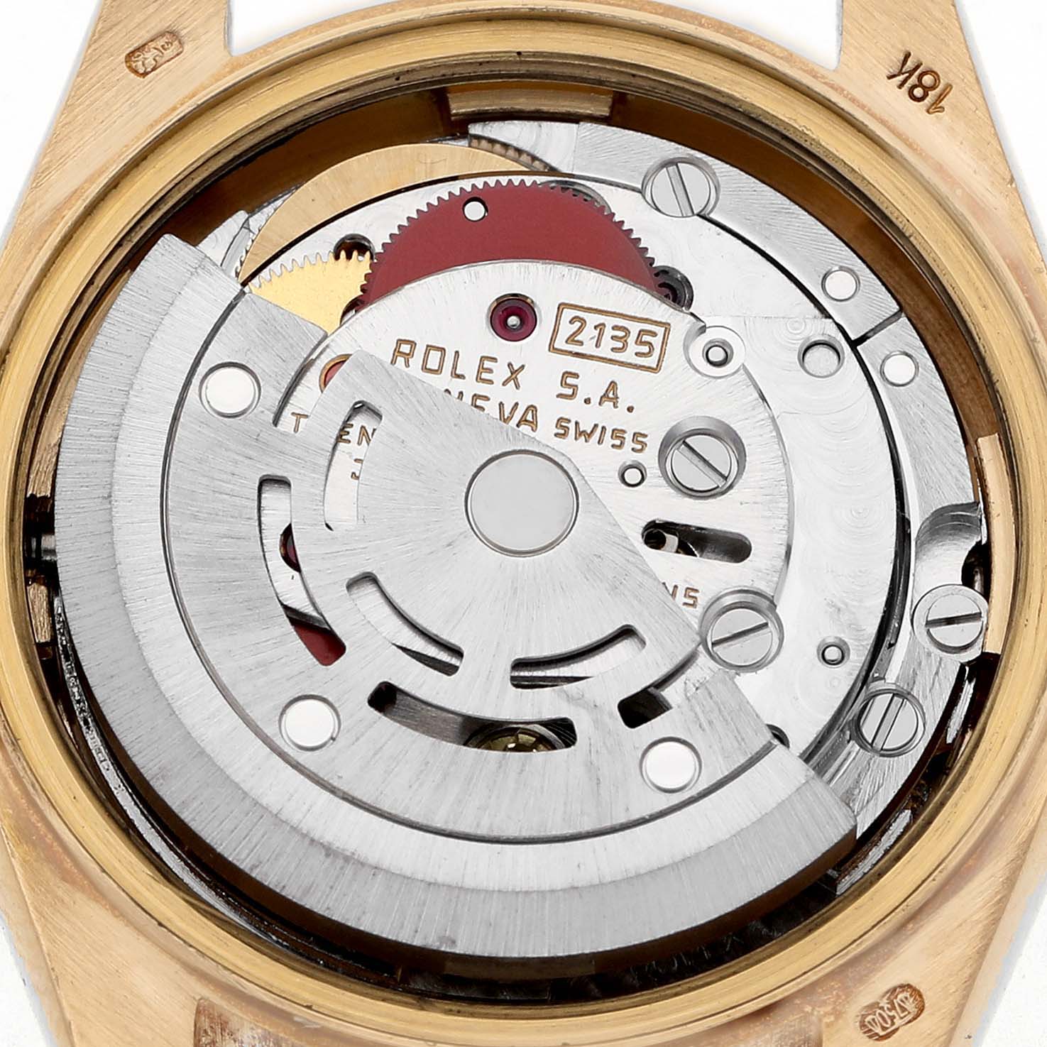 The image shows the movement of a Rolex President 69258 Women's Yellow Gold White Dial model from a top-down angle, highlighting the rotor and internal mechanisms.