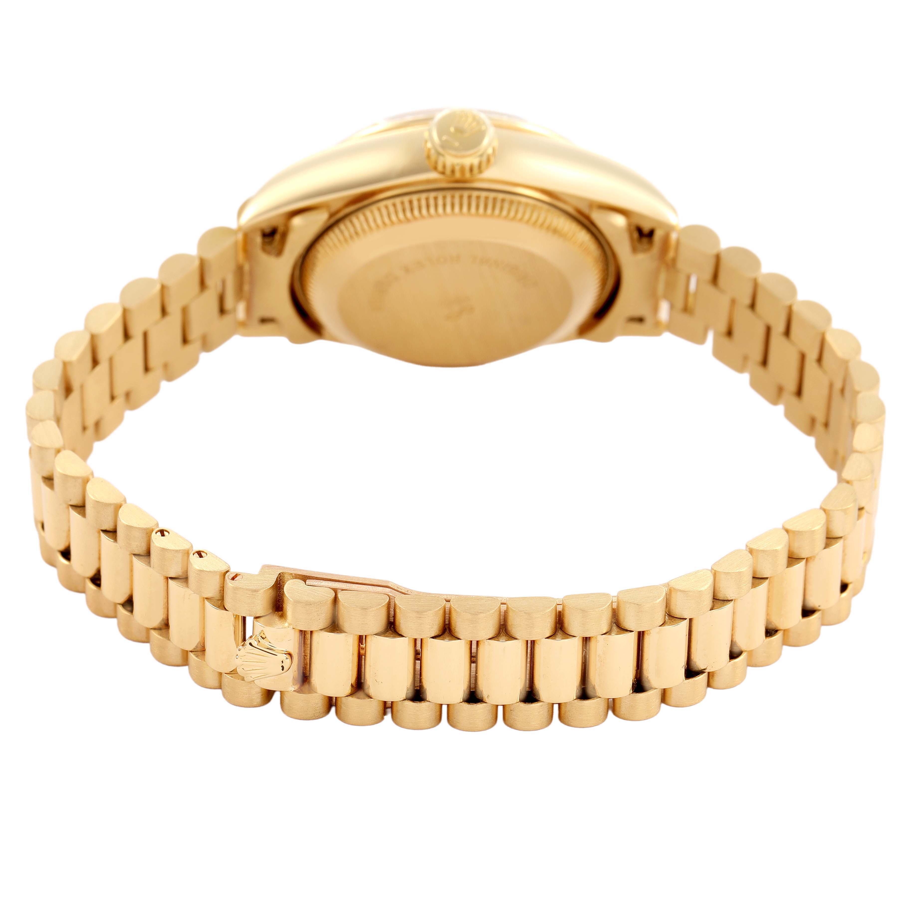 The image shows the back view of a Rolex President 69258 Women's Yellow Gold White Dial model watch, highlighting the clasp and gold bracelet.