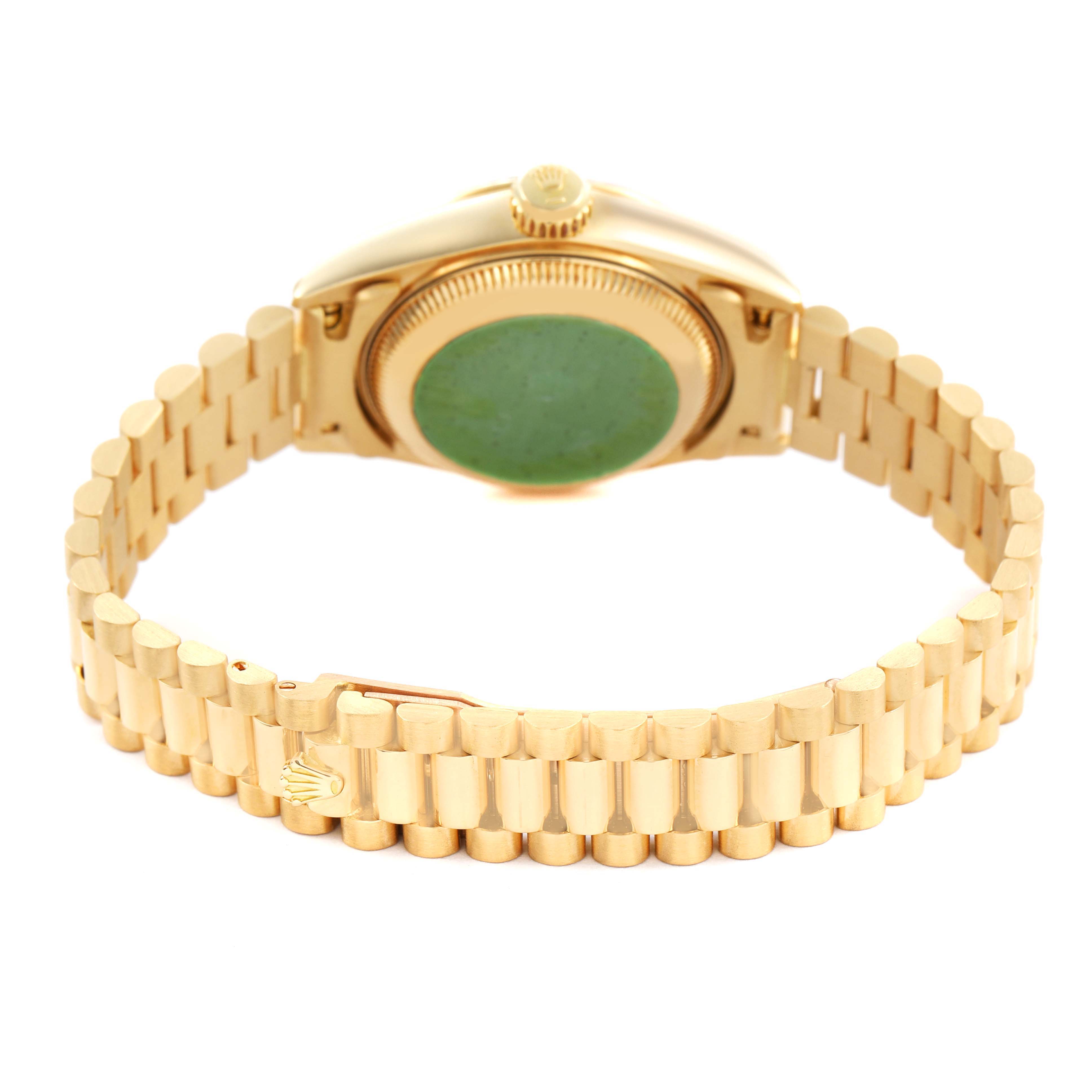 The image shows the back and bracelet of a Rolex President 69178 Women's Yellow Gold White Dial model watch with the clasp and bracelet detail visible.