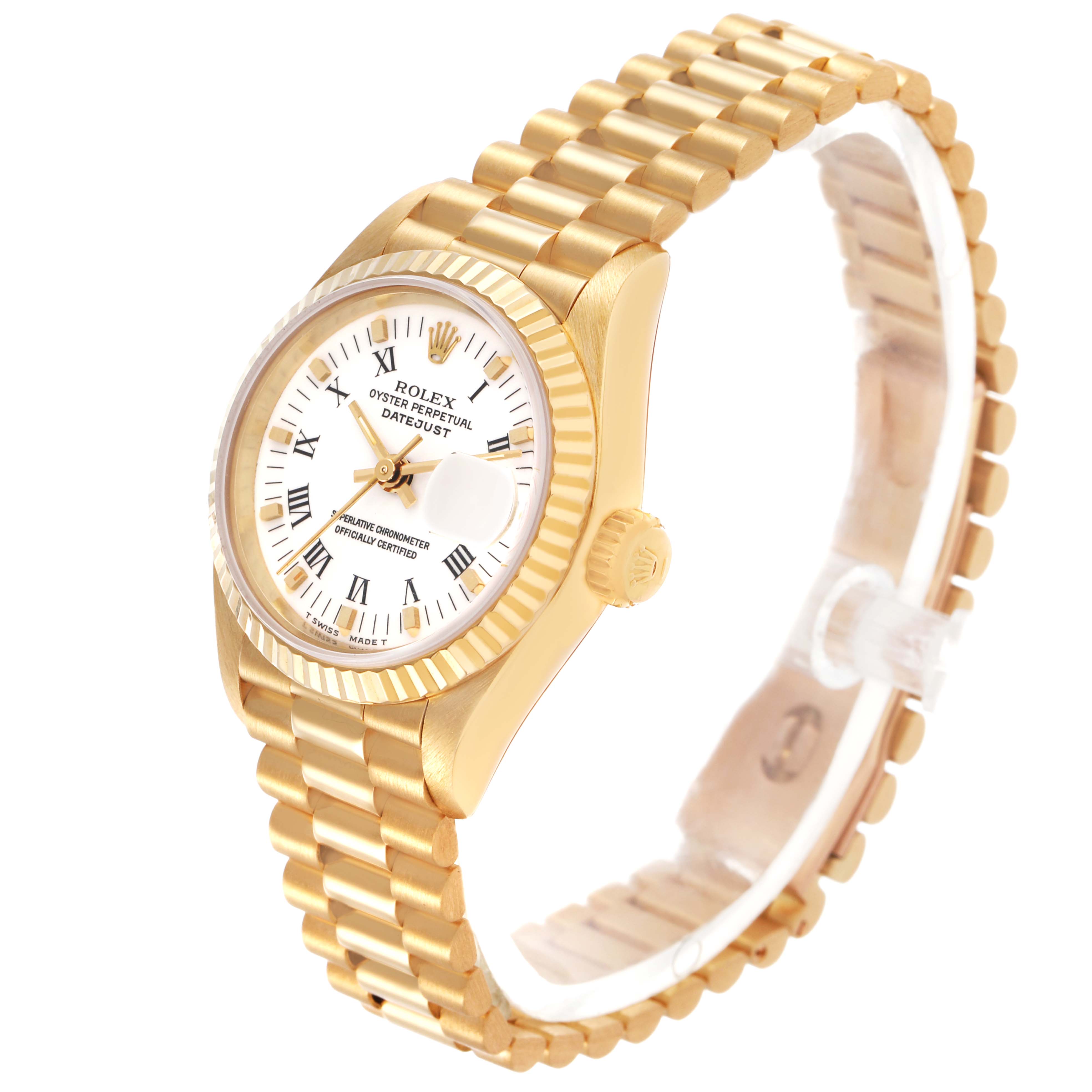 The Rolex President 69178 Women's Yellow Gold White Dial model watch is shown at a three-quarter angle, highlighting its gold bracelet, fluted bezel, and white dial.