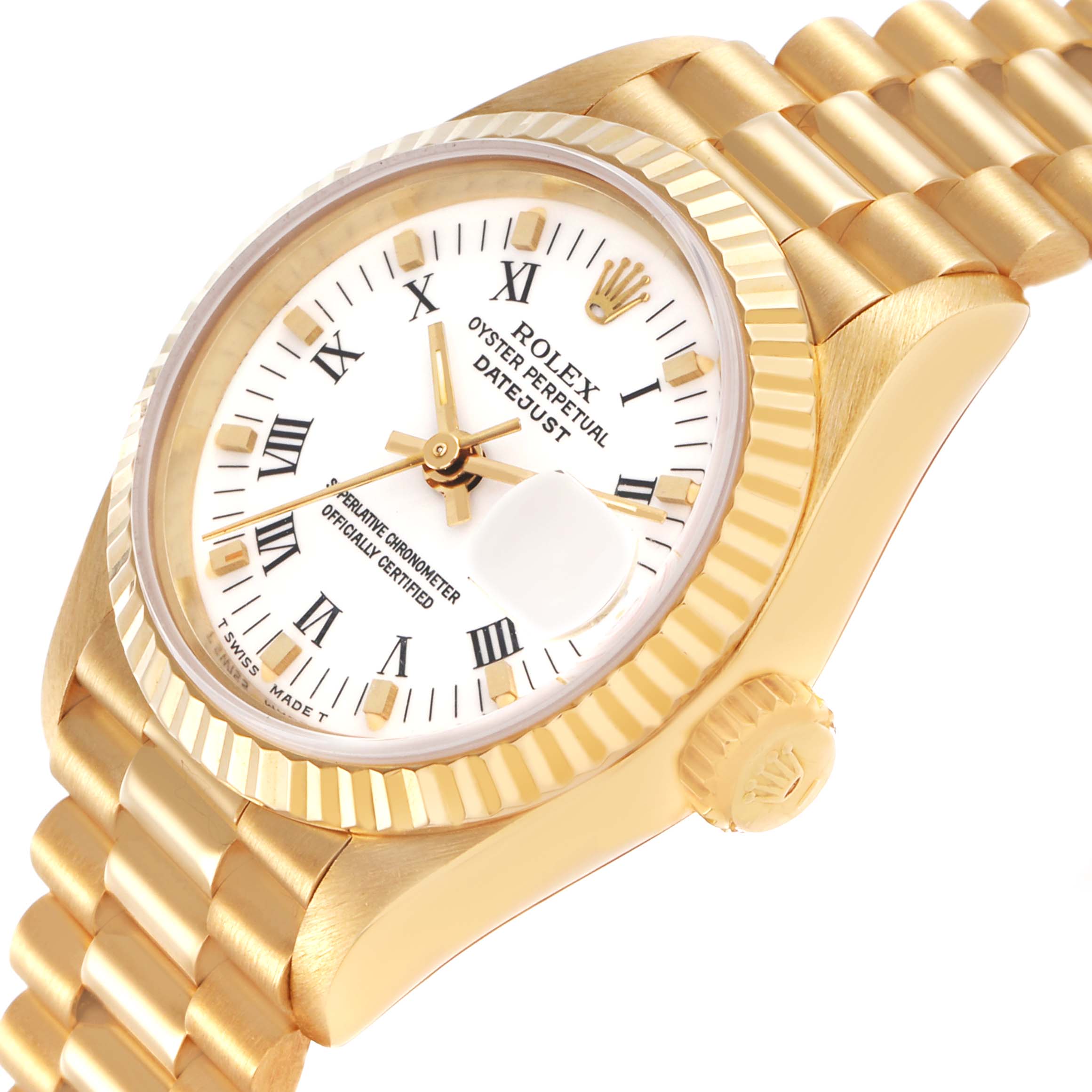 The image shows the watch at an angled side view, highlighting the Rolex President 69178 Women's Yellow Gold White Dial model's golden case, bracelet, and fluted bezel.
