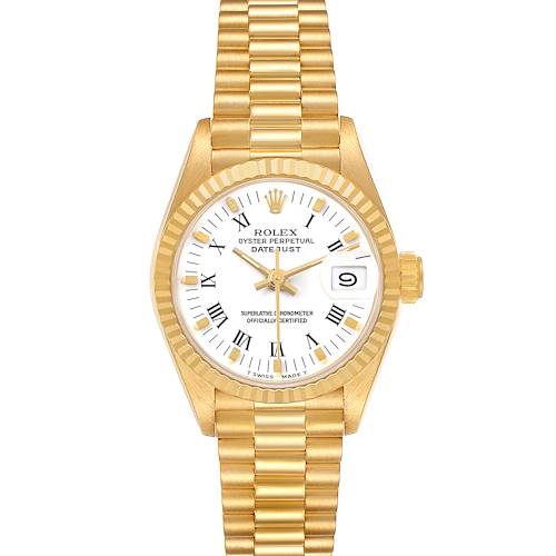 The Rolex President 69178 Women's Yellow Gold White Dial model watch is shown from a top-down angle, displaying the bracelet, case, and dial.