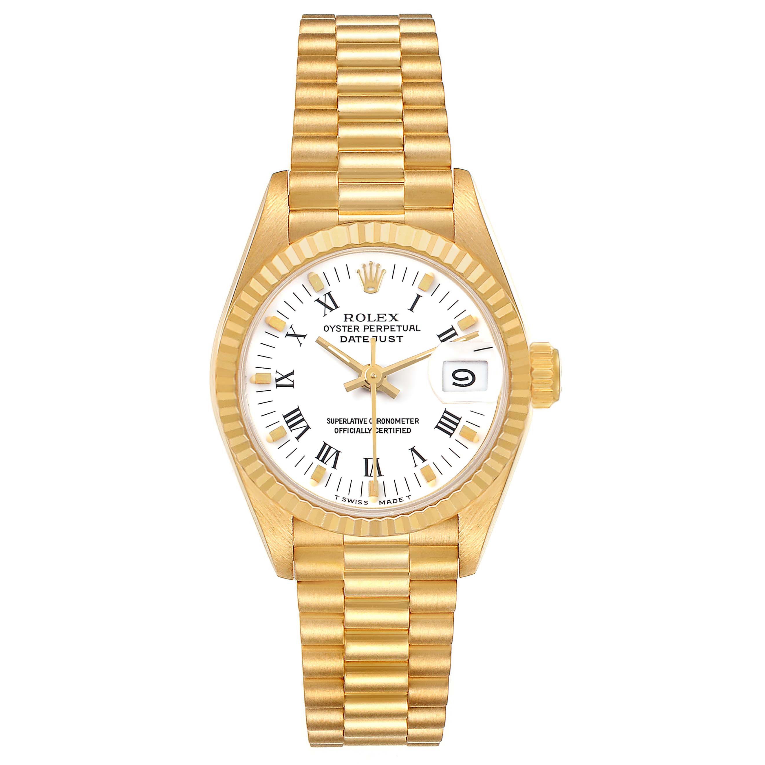 The Rolex President 69178 Women's Yellow Gold White Dial model is shown from the front, displaying the dial, bracelet, crown, and fluted bezel.