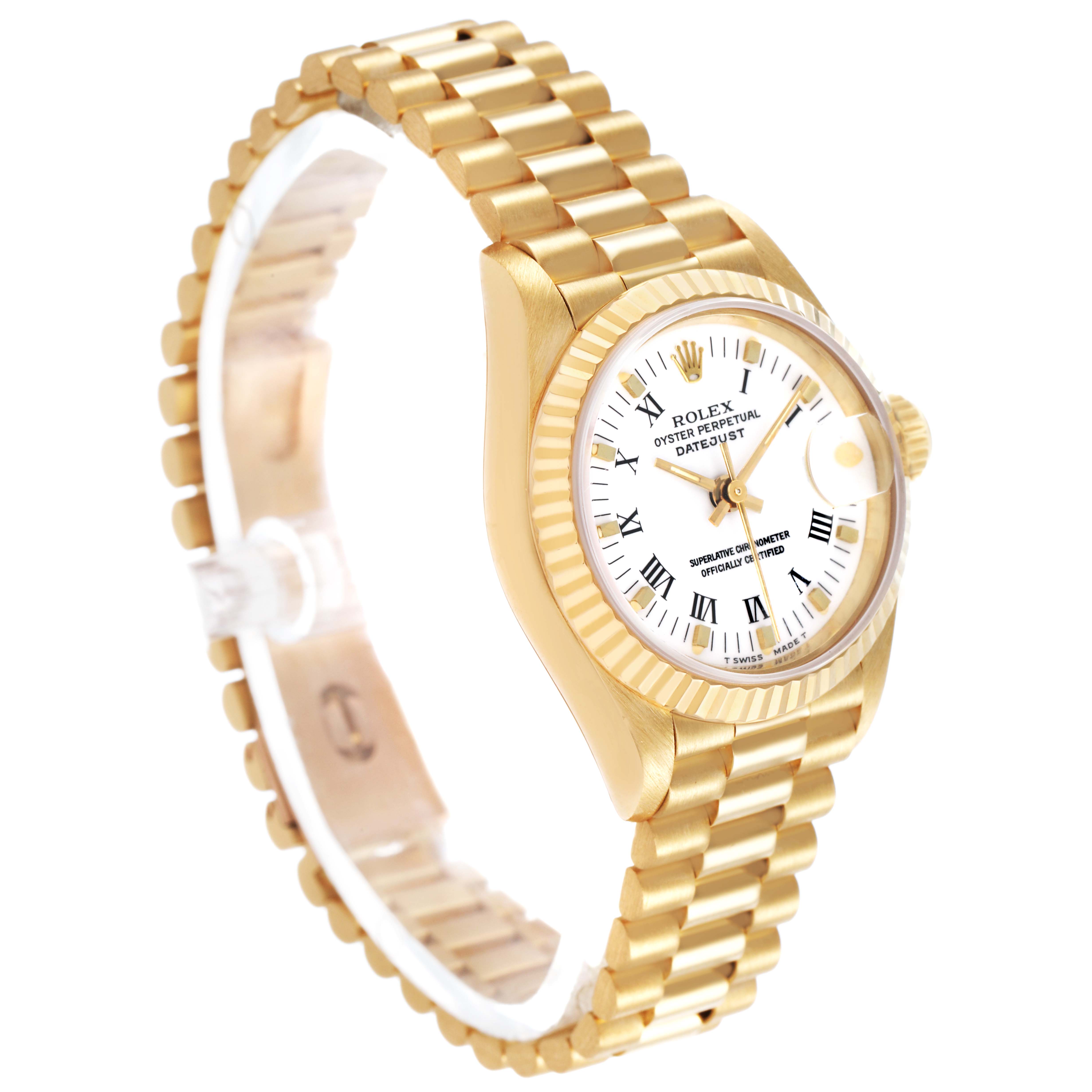 The Rolex President 69178 Women's Yellow Gold White Dial model watch is shown at an angled view, highlighting the bracelet, case, and face with Roman numeral markers.