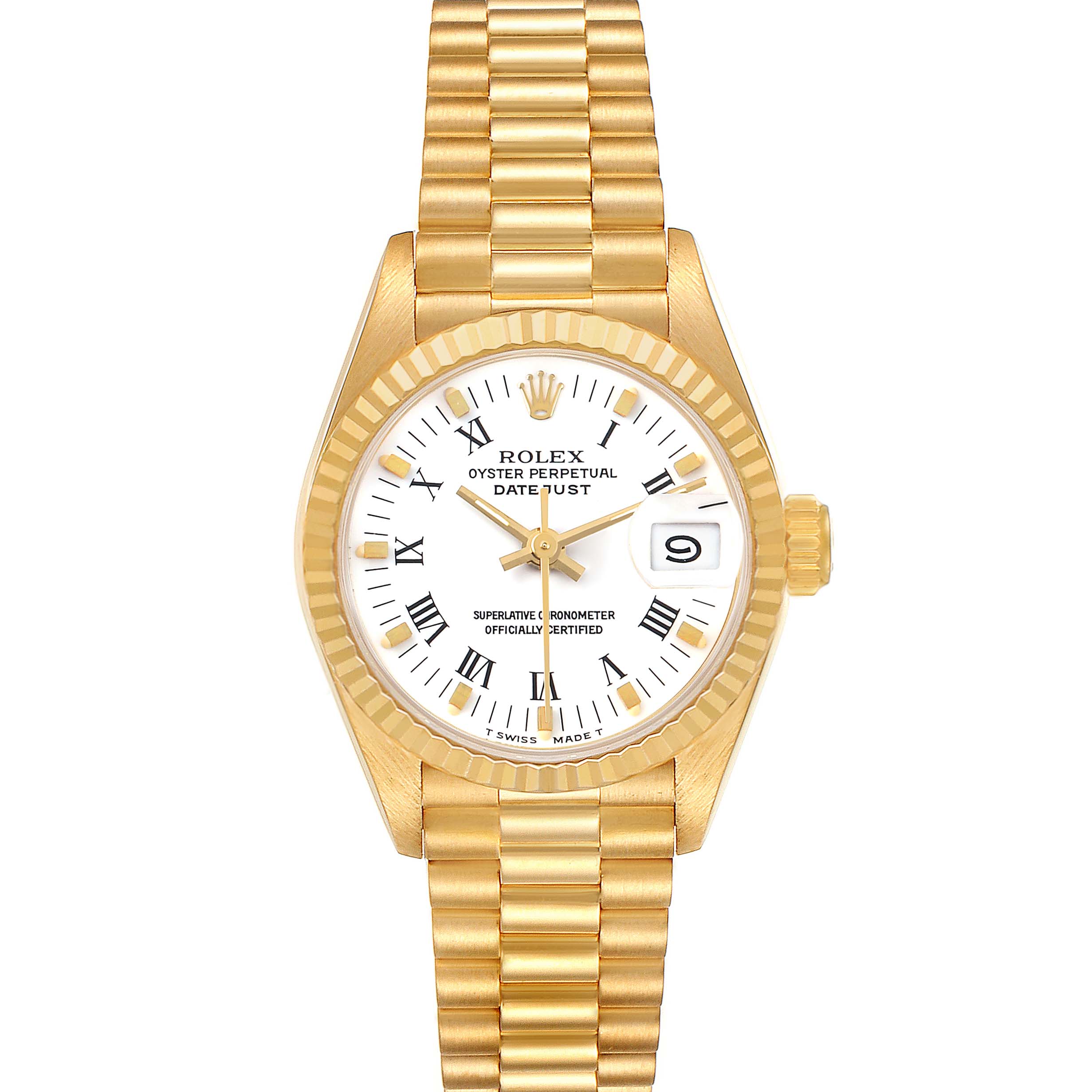 The Rolex President 69178 Women's Yellow Gold White Dial model is shown from a top-down angle, featuring its bracelet, face, bezel, and crown.