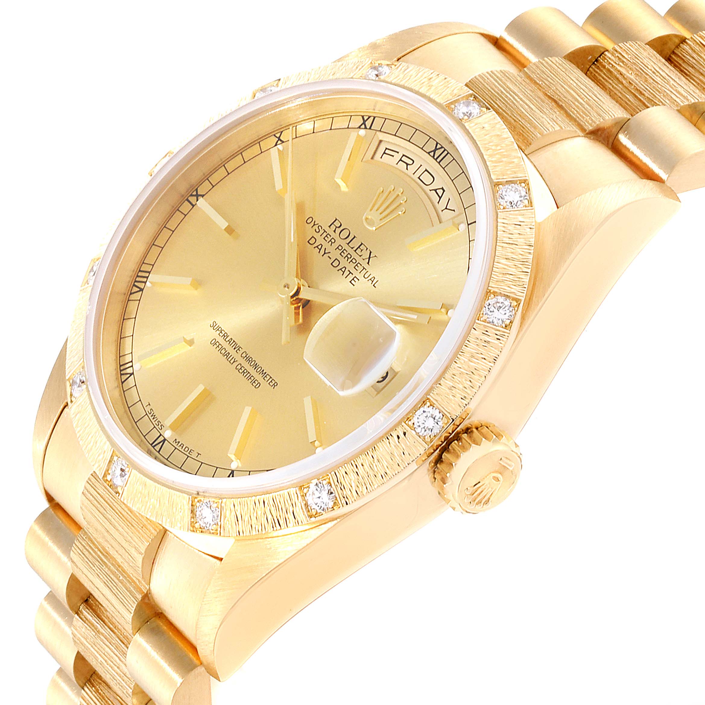 The image shows a golden Rolex President 18308 Men
s Yellow Gold Champagne Dial 18308 Men
s Yellow Gold Champagne Dial Day-Date watch angled to display its dial, bezel, bracelet, and crown.