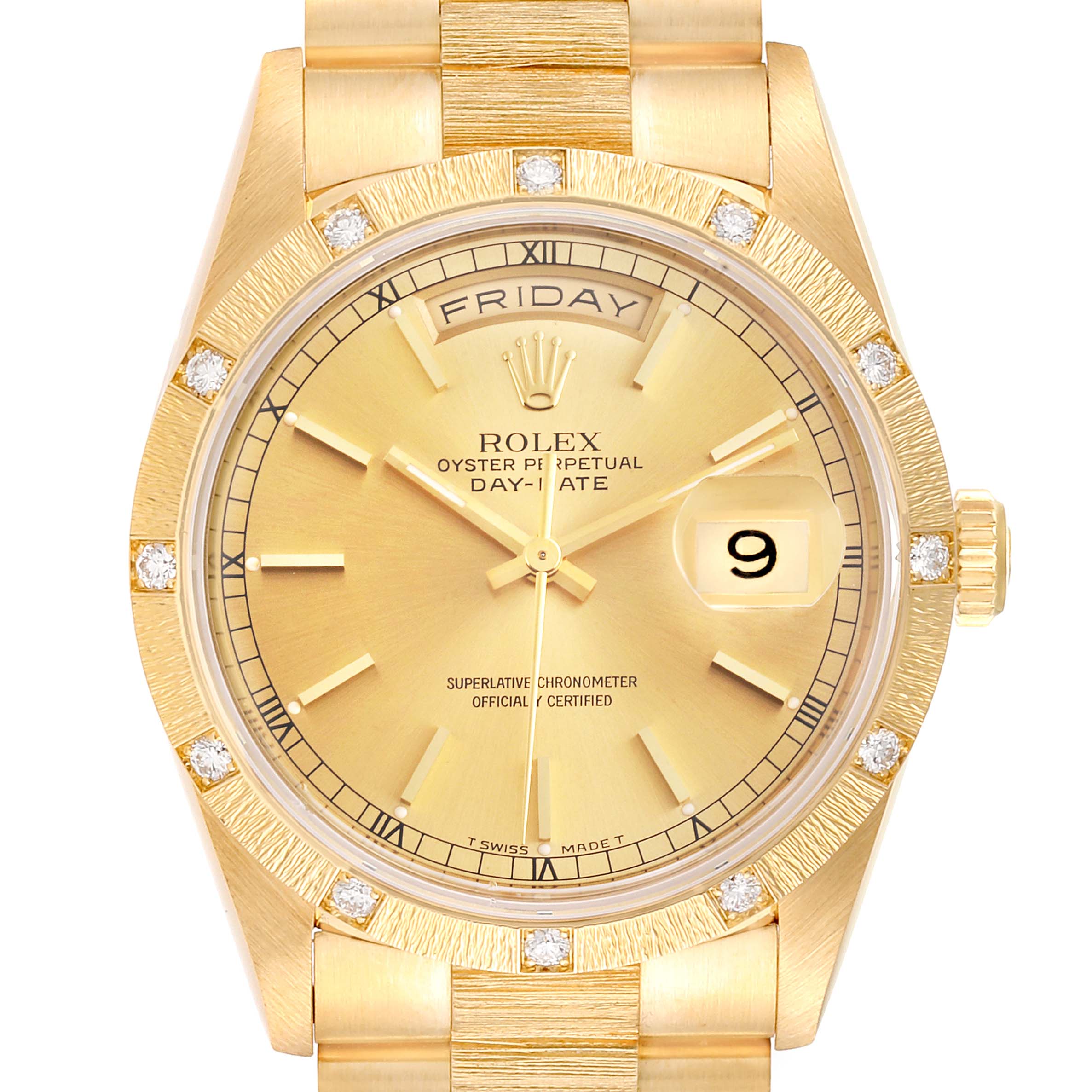 The image shows a front view of the Rolex President 18308 Men
s Yellow Gold Champagne Dial 18308 Men
s Yellow Gold Champagne Dial watch displaying the dial, bezel, and part of the bracelet.