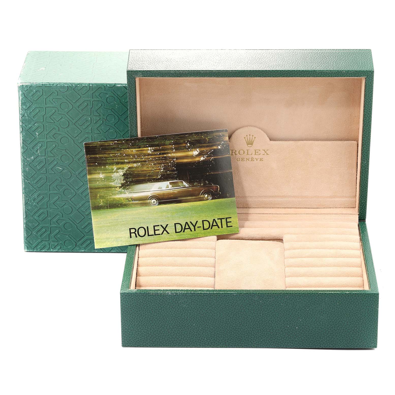The image shows an open Rolex box for the President model, featuring the box, interior, and a booklet titled "Rolex Day-Date."
