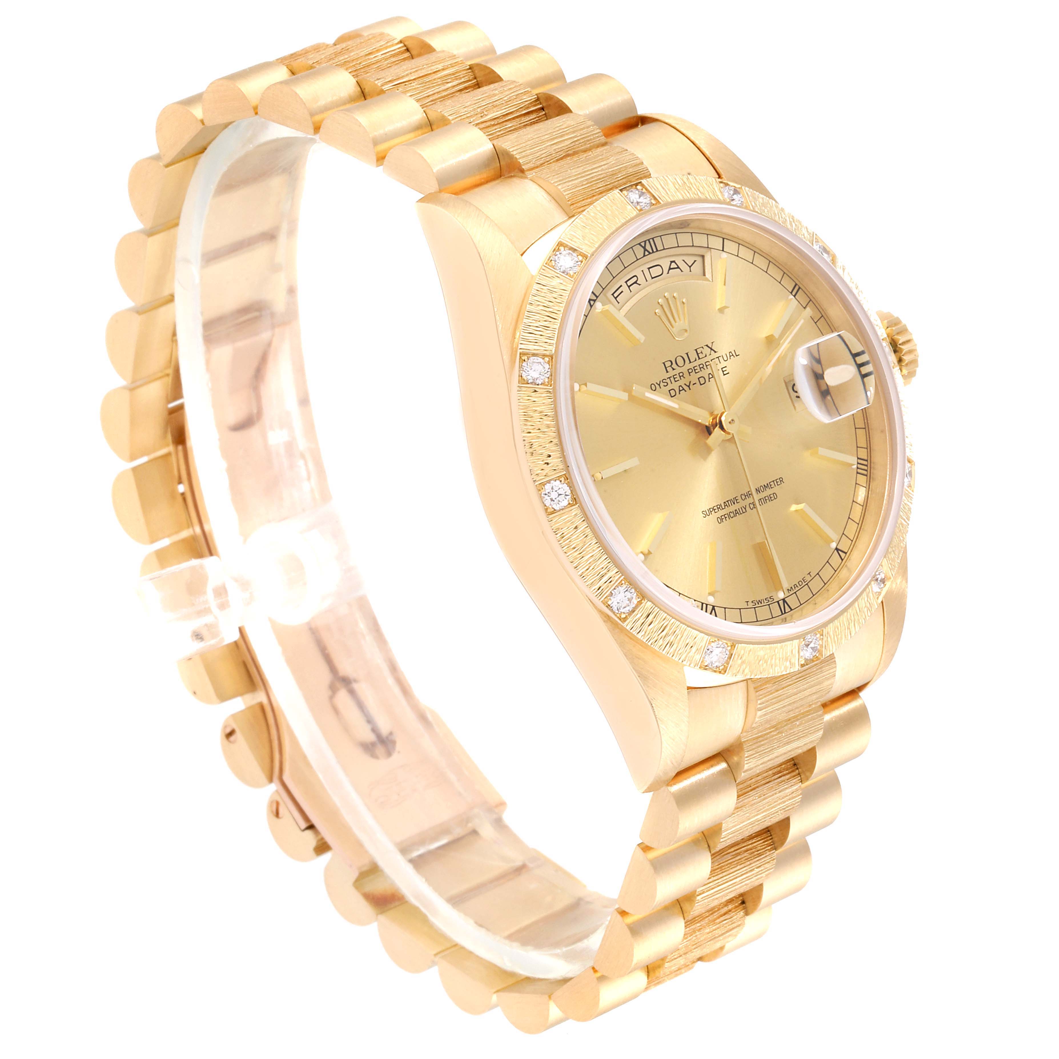 The image showcases a side view of the Rolex President 18308 Men
s Yellow Gold Champagne Dial 18308 Men
s Yellow Gold Champagne Dial model watch, highlighting its gold bracelet, bezel, and partially its dial with date display.