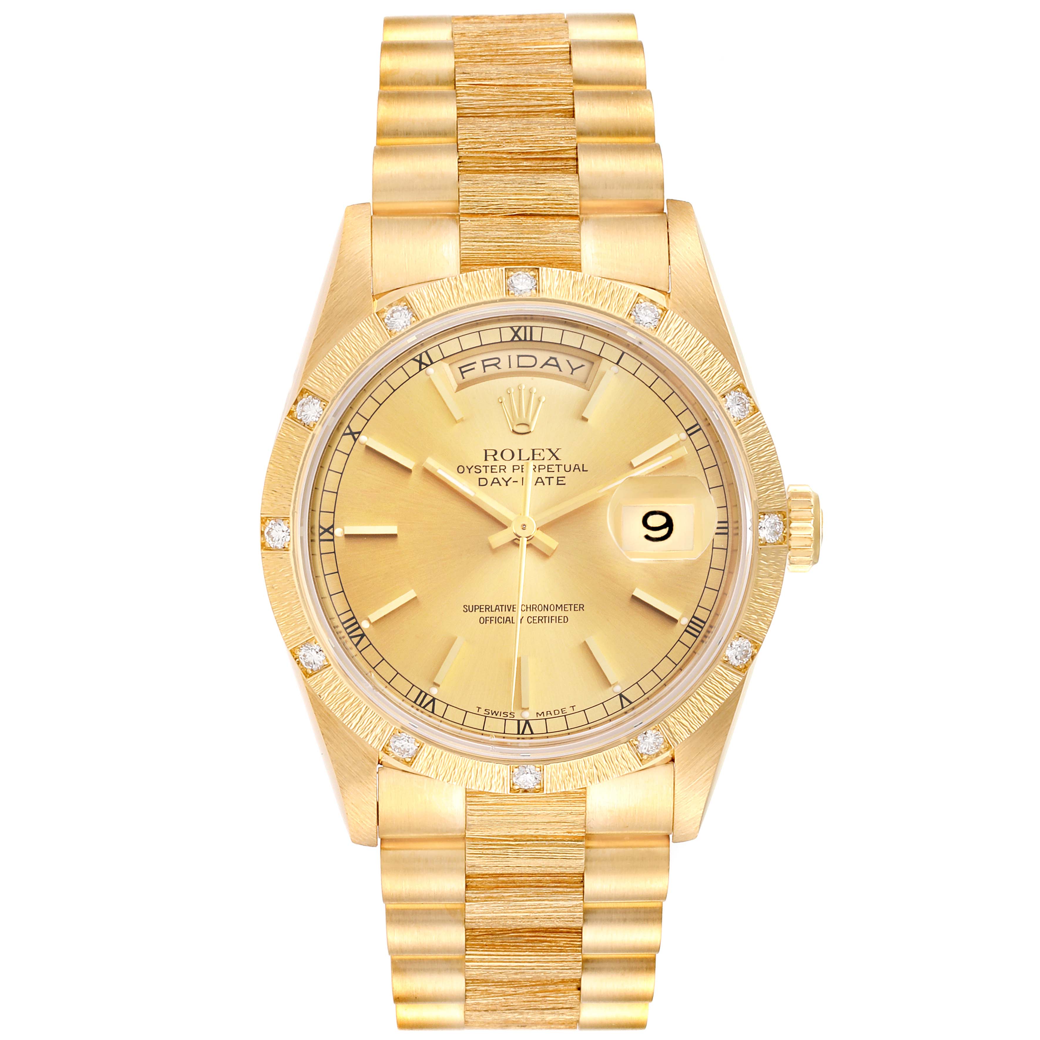 The image shows a front view of a Rolex President 18308 Men
s Yellow Gold Champagne Dial 18308 Men
s Yellow Gold Champagne Dial model watch, displaying the dial, bezel, and bracelet.