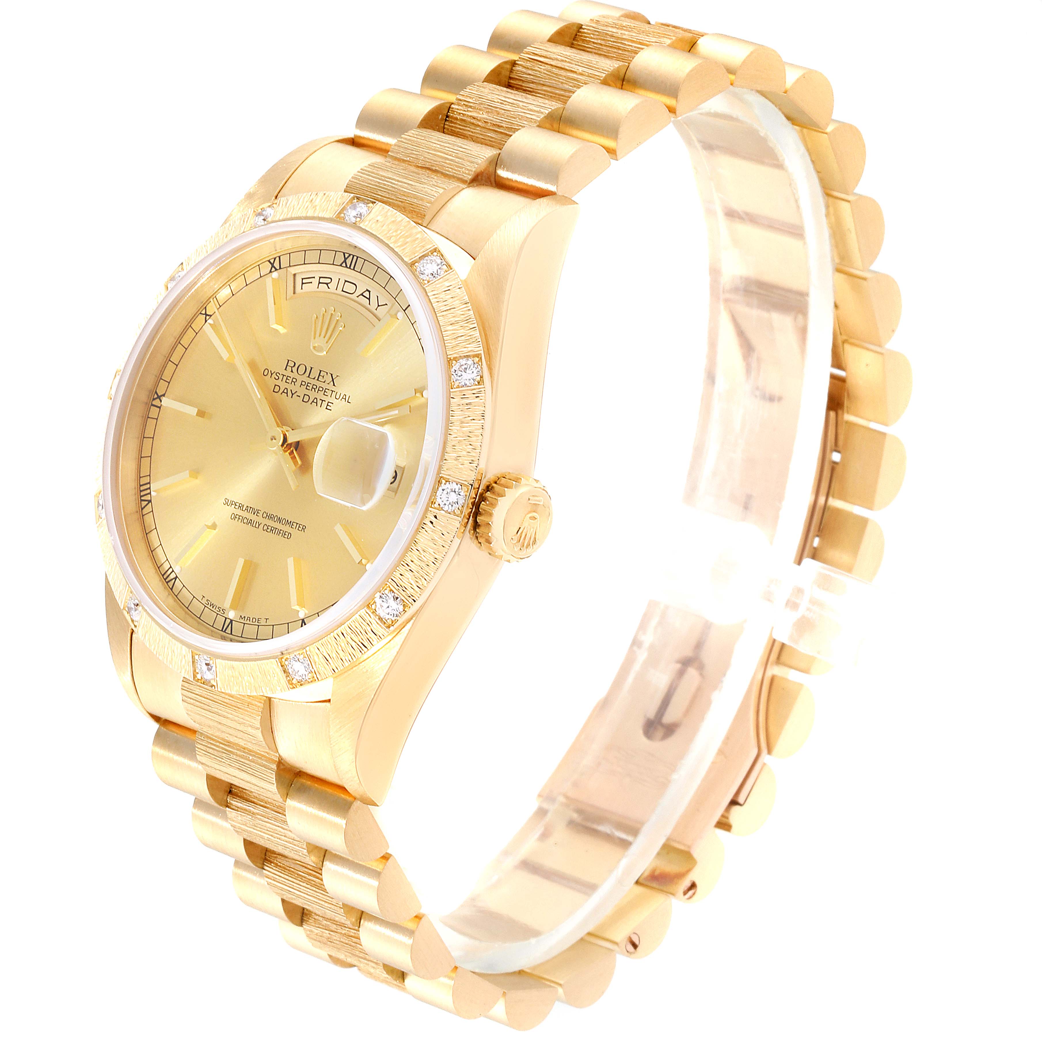 The image shows a Rolex President 18308 Men
s Yellow Gold Champagne Dial 18308 Men
s Yellow Gold Champagne Dial model watch from a front-left angle, highlighting the dial, bezel, bracelet, and crown.