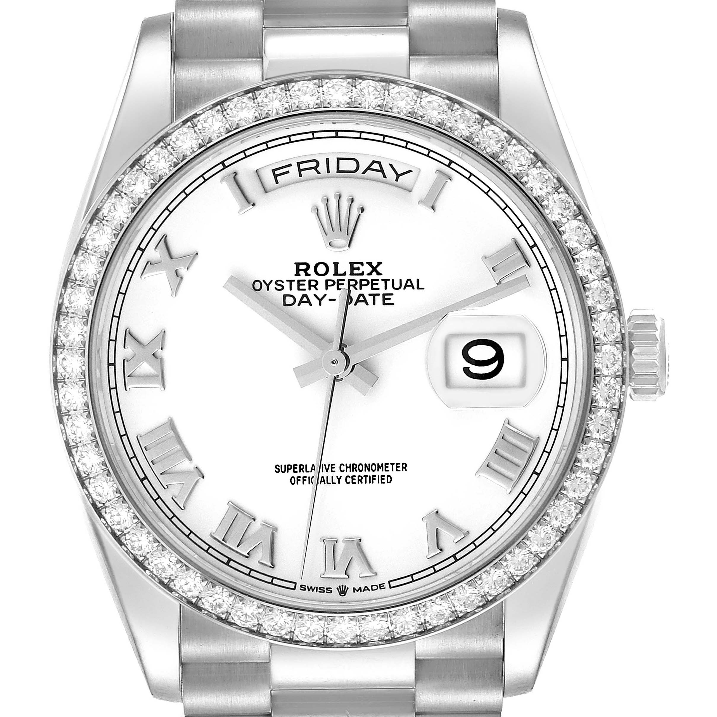 This image shows a front view of the Rolex President 128349RBR Men's White Gold White Dial 128349RBR Men's White Gold White Dial model, highlighting its bezel, dial, and bracelet.
