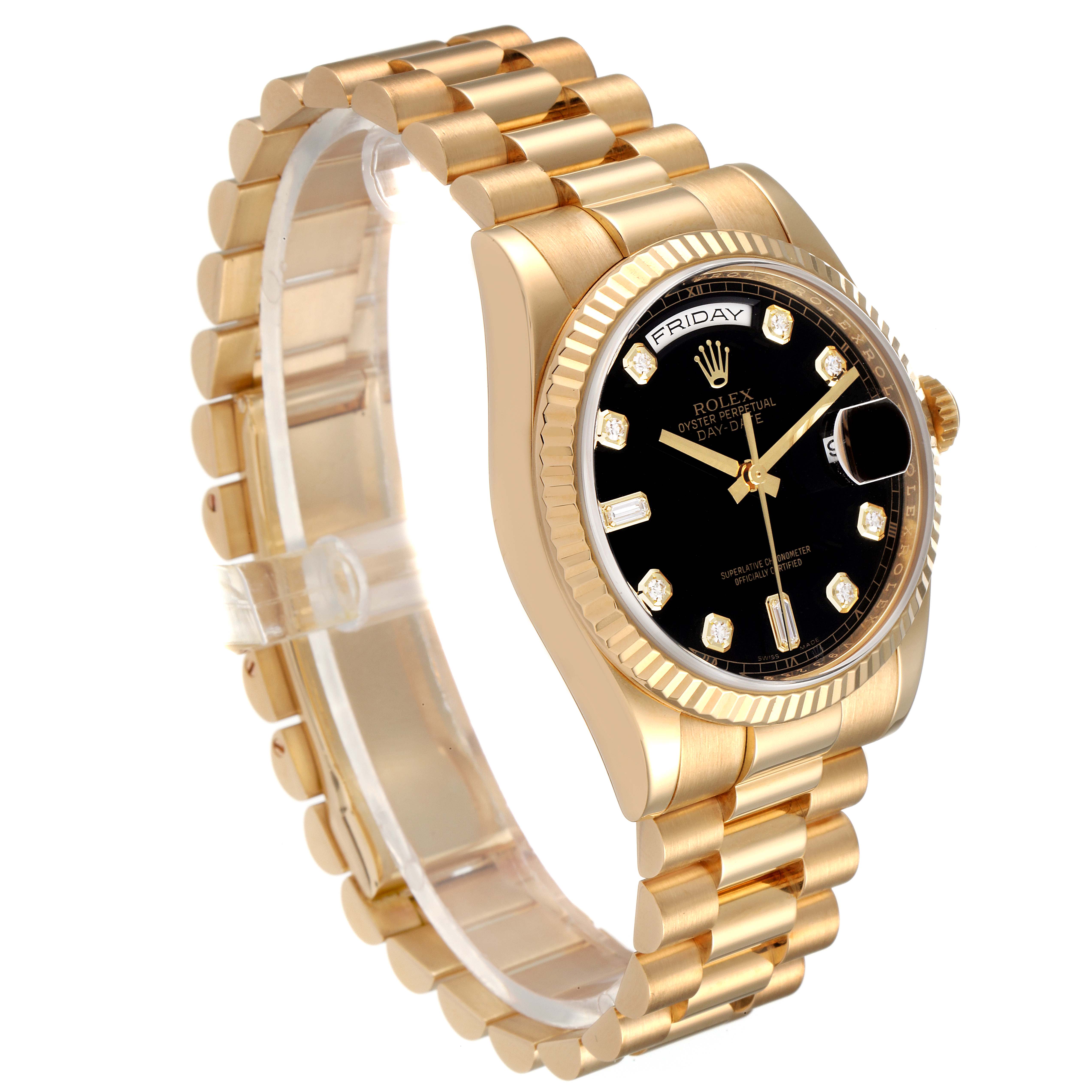 The Rolex President 118238 Men's Yellow Gold Black Dial 118238 Men's Yellow Gold Black Dial model watch is shown from a three-quarter angle, highlighting the gold bracelet, black dial, and fluted bezel.