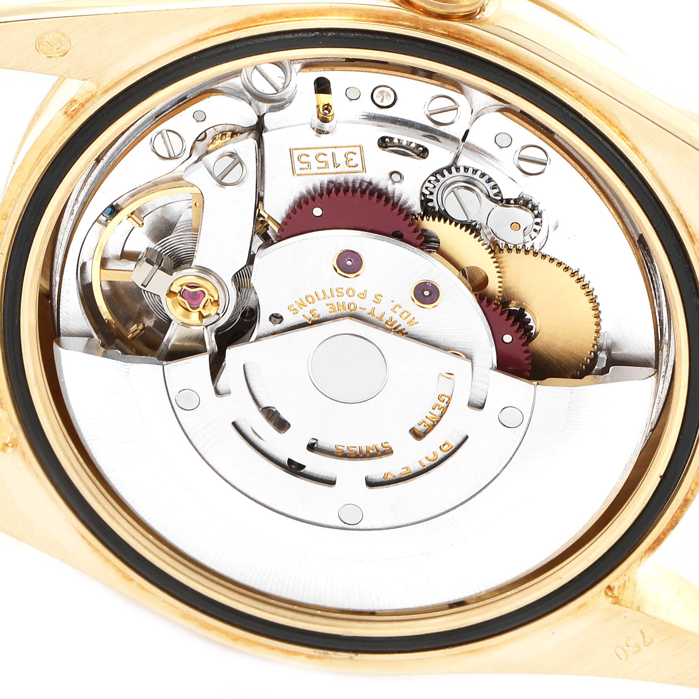 This image shows the internal mechanical movement of a Rolex President 118238 Men's Yellow Gold Black Dial 118238 Men's Yellow Gold Black Dial model watch, viewed from the back.