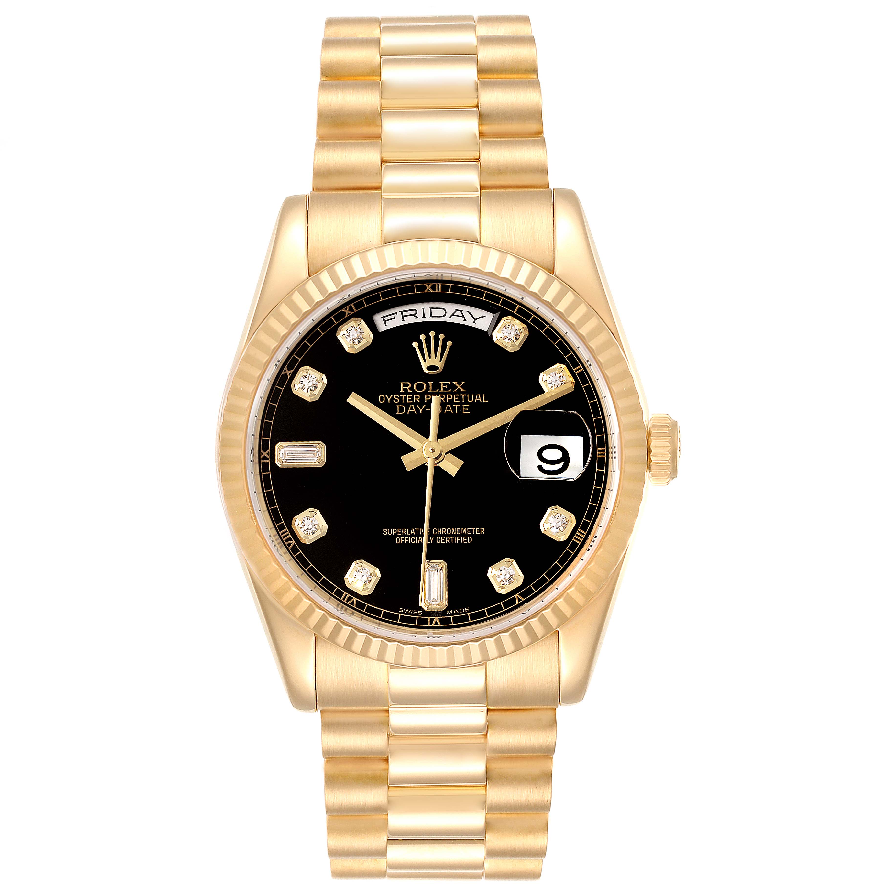 This image shows a front view of the Rolex President 118238 Men's Yellow Gold Black Dial 118238 Men's Yellow Gold Black Dial model watch, highlighting its black dial, gold case, and bracelet.