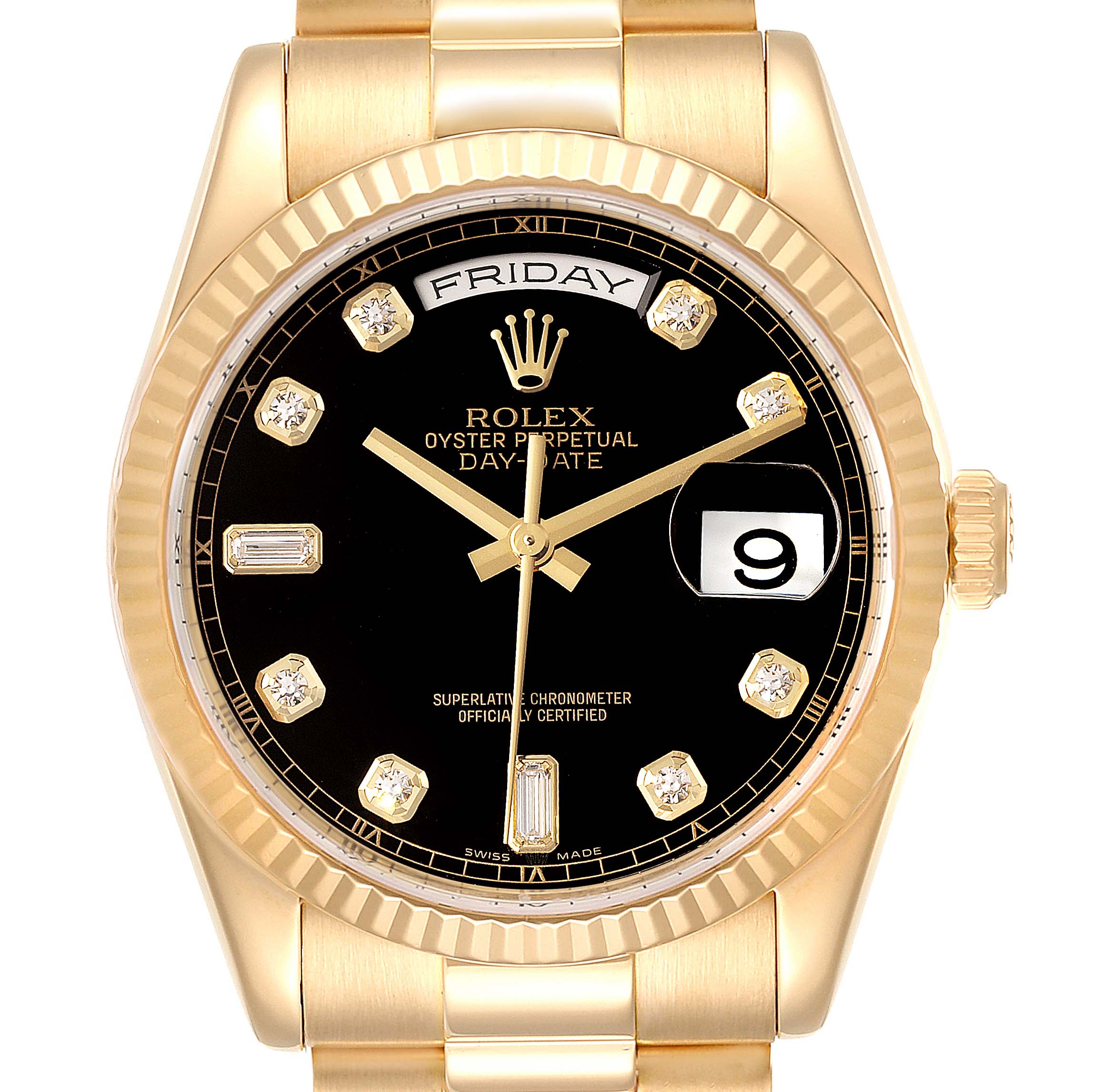 This image shows a frontal view of a Rolex President 118238 Men's Yellow Gold Black Dial 118238 Men's Yellow Gold Black Dial model watch, highlighting its dial, bezel, crown, and bracelet.