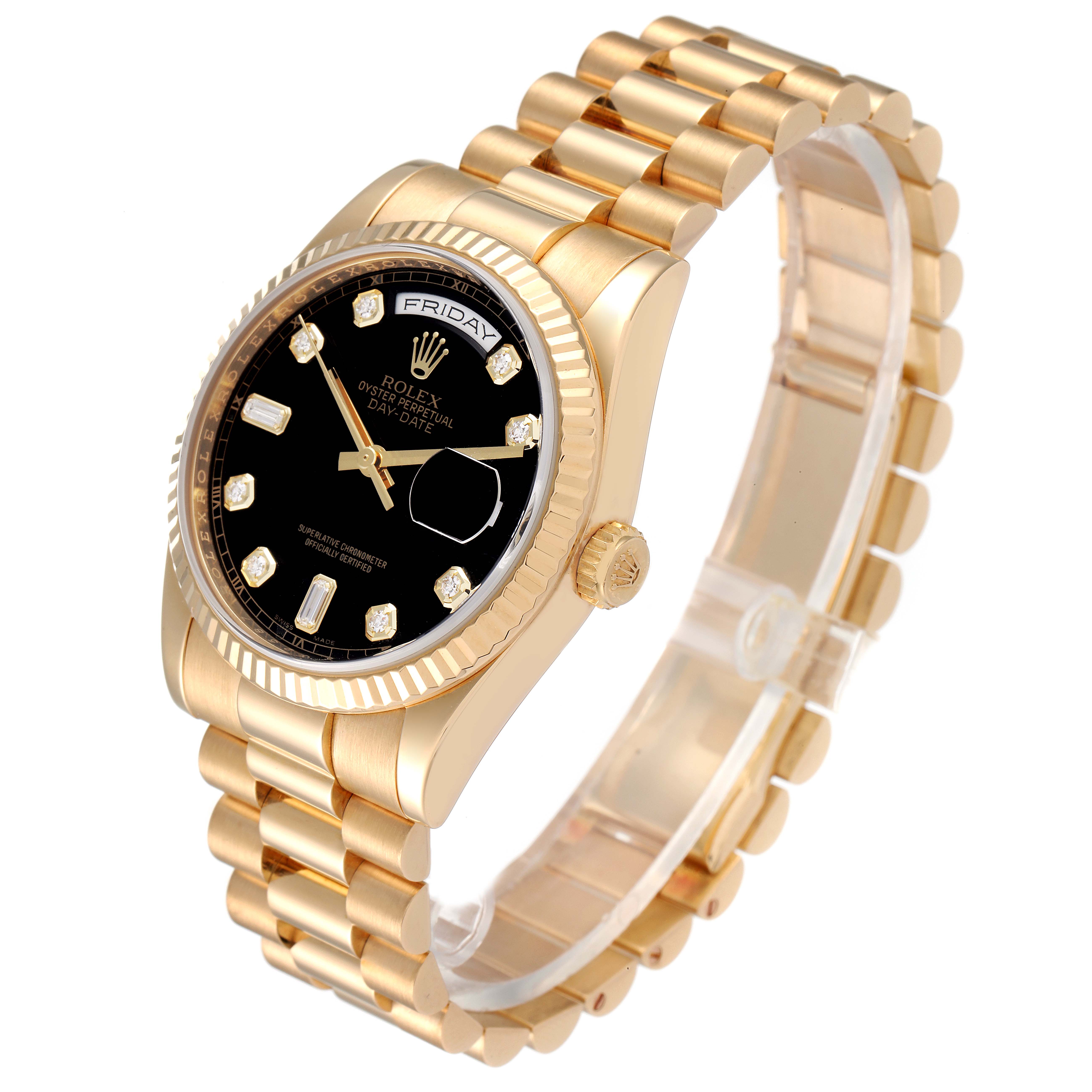 The image shows the Rolex President 118238 Men's Yellow Gold Black Dial 118238 Men's Yellow Gold Black Dial model watch at a slight side angle, highlighting its gold bracelet, case, and black dial.