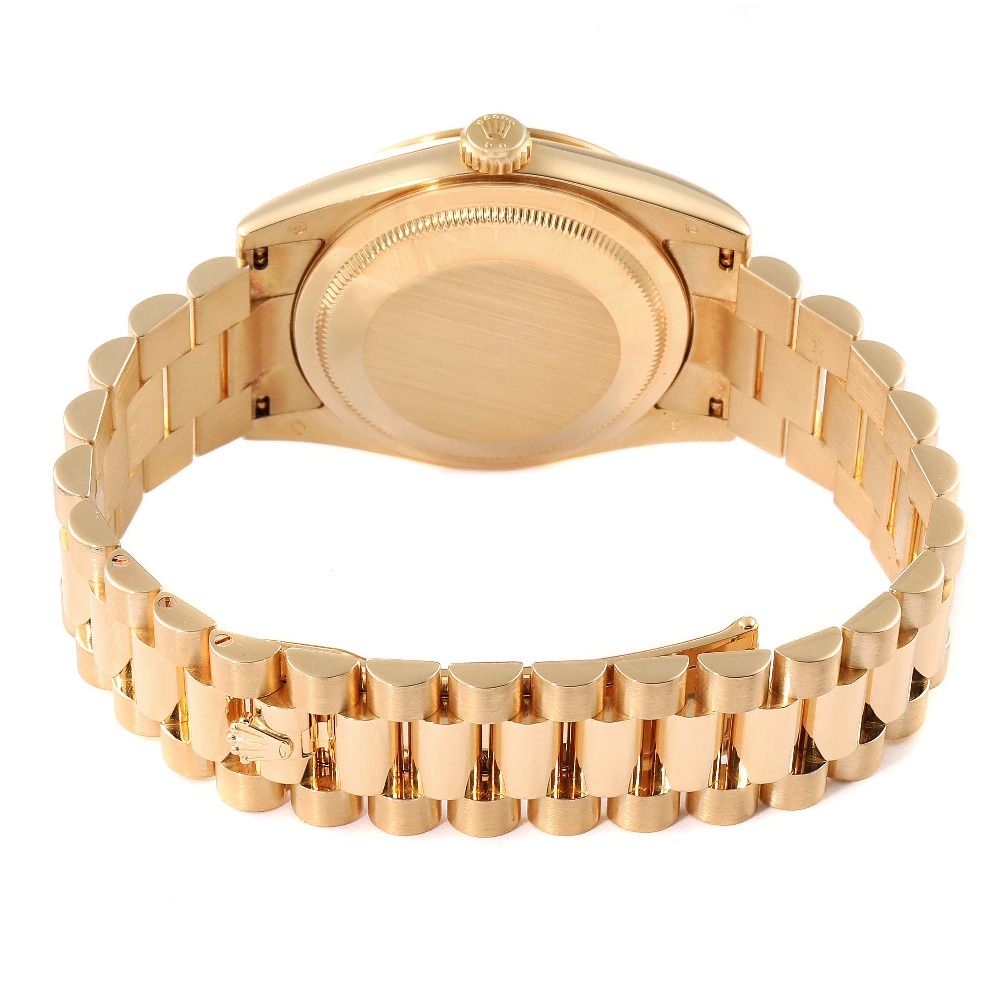 The image shows the back case and bracelet of the Rolex President 118238 Men's Yellow Gold Black Dial 118238 Men's Yellow Gold Black Dial model watch from a rear angle.