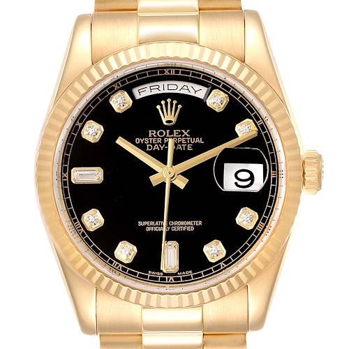 Photo of Rolex President Day Date Yellow Gold Black Diamond Dial Mens Watch 118238