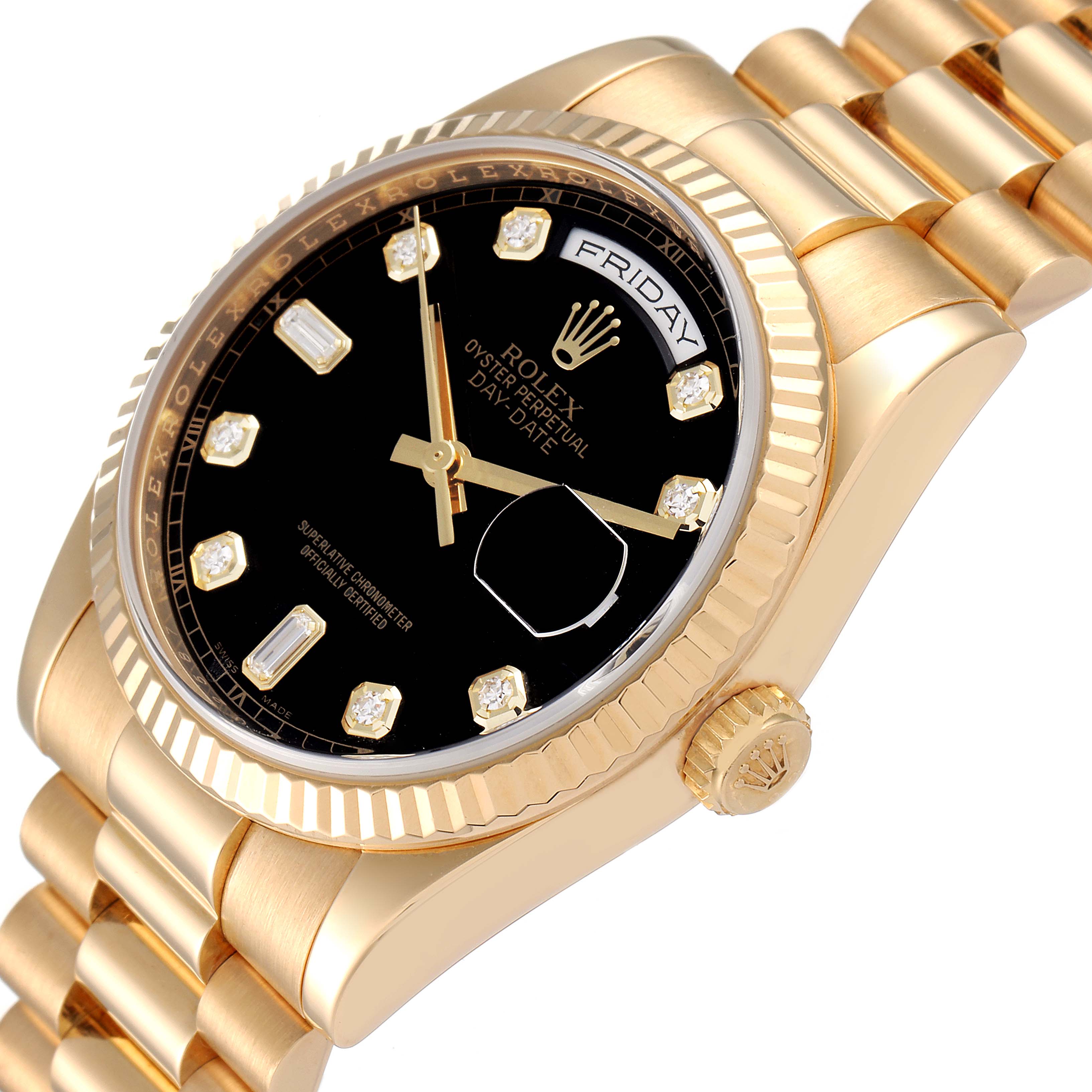 The image shows a close-up side angle of the Rolex President 118238 Men's Yellow Gold Black Dial 118238 Men's Yellow Gold Black Dial model watch, featuring the dial, bezel, and part of the bracelet.