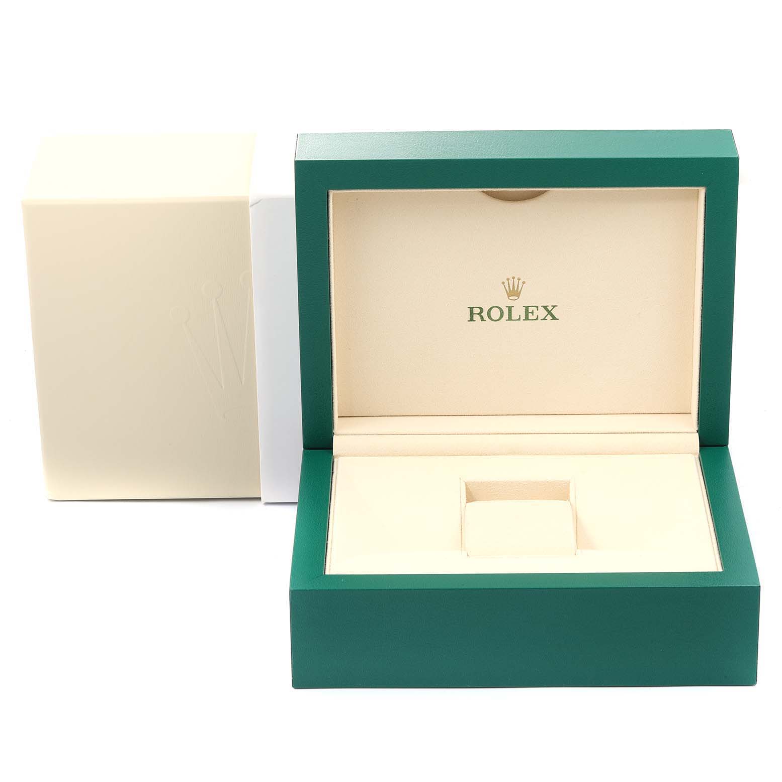 The image shows an open and empty Rolex President 118238 Men's Yellow Gold Black Dial 118238 Men's Yellow Gold Black Dial model watch box with its outer cardboard box behind it.