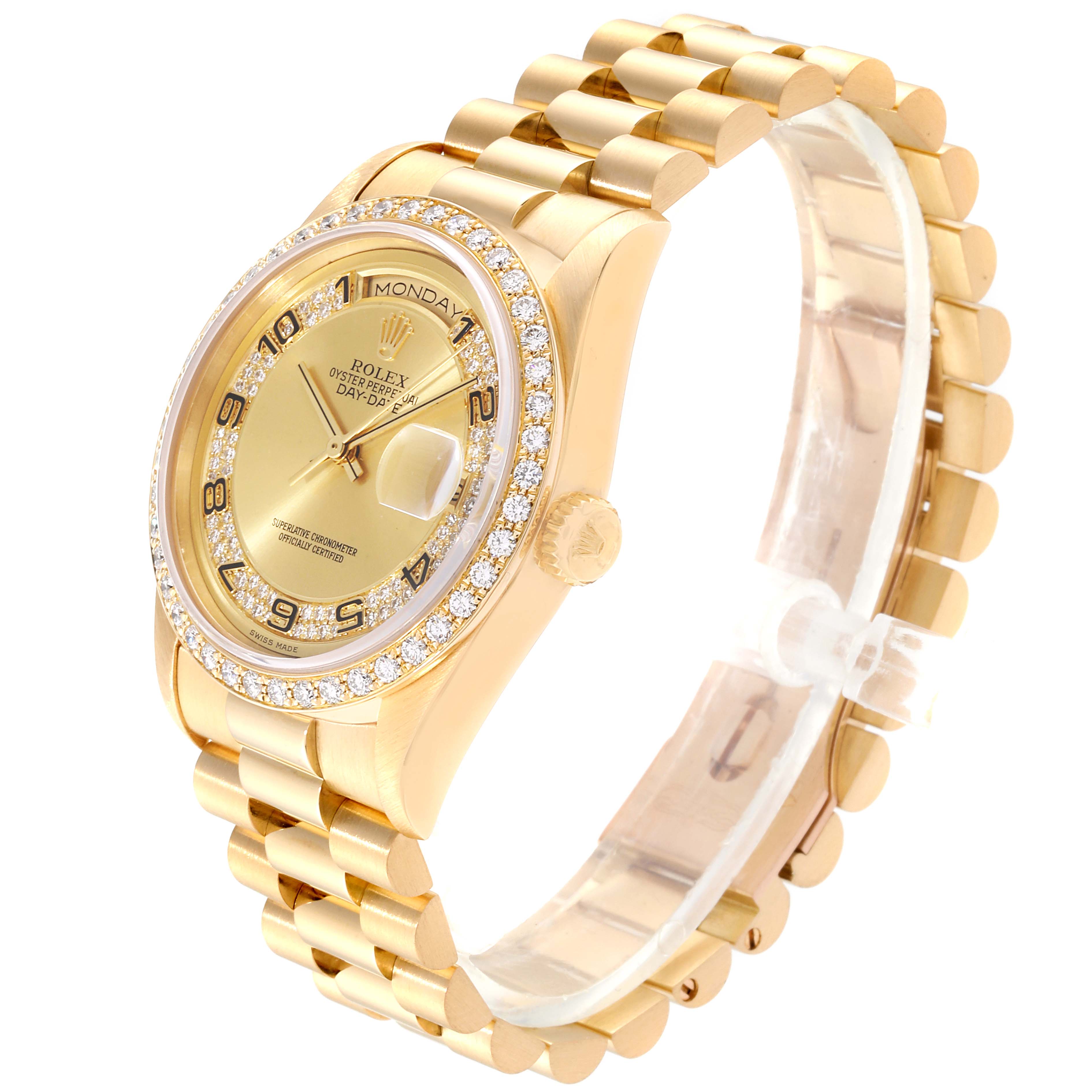 The Rolex President 18238 Men
s Yellow Gold Champagne Dial 18238 Men
s Yellow Gold Champagne Dial model watch is shown from a three-quarter angle, highlighting its gold band, diamond bezel, and face details.