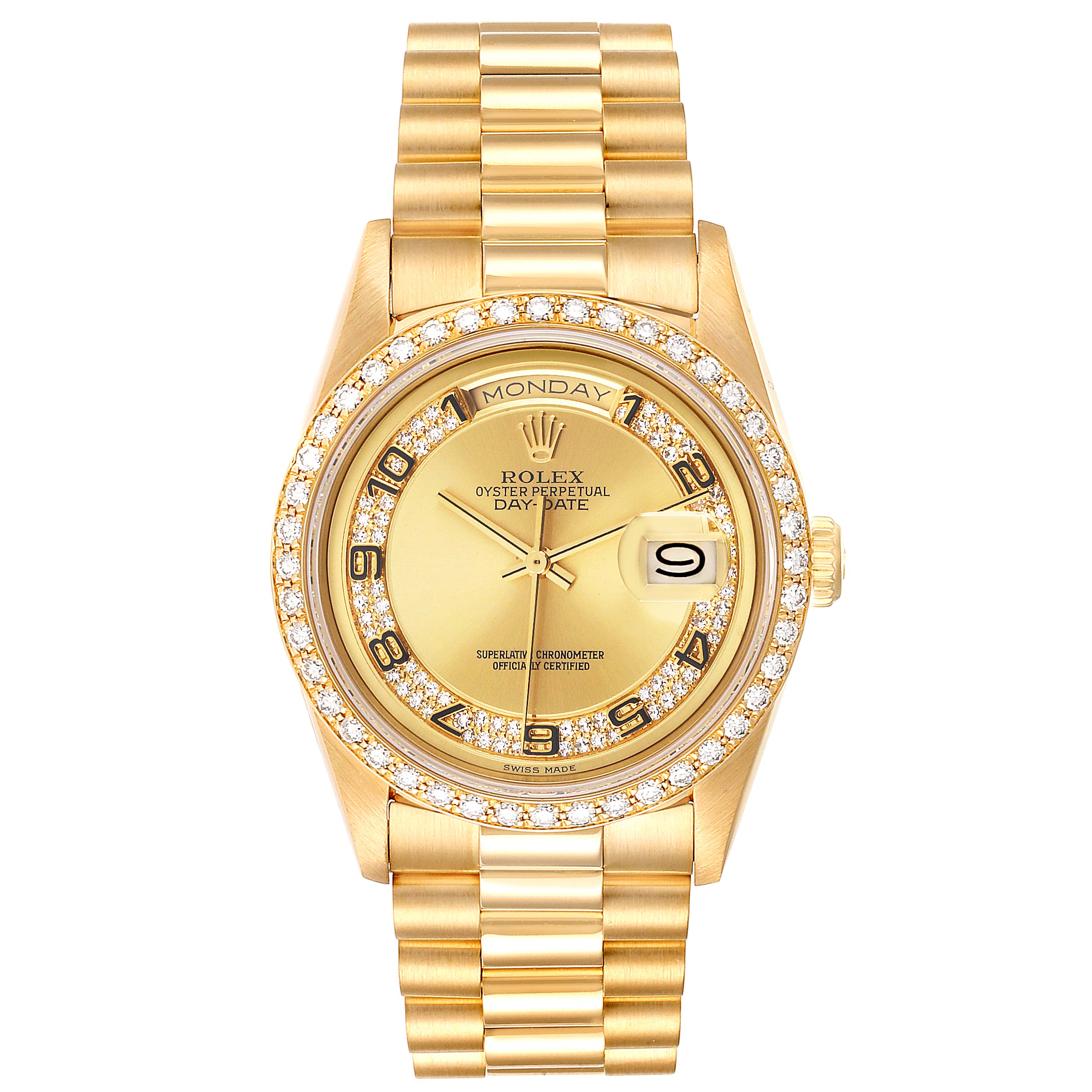 The image shows a Rolex President 18238 Men
s Yellow Gold Champagne Dial 18238 Men
s Yellow Gold Champagne Dial model watch from a front angle, detailing its gold finish, diamond bezel, and day-date display.