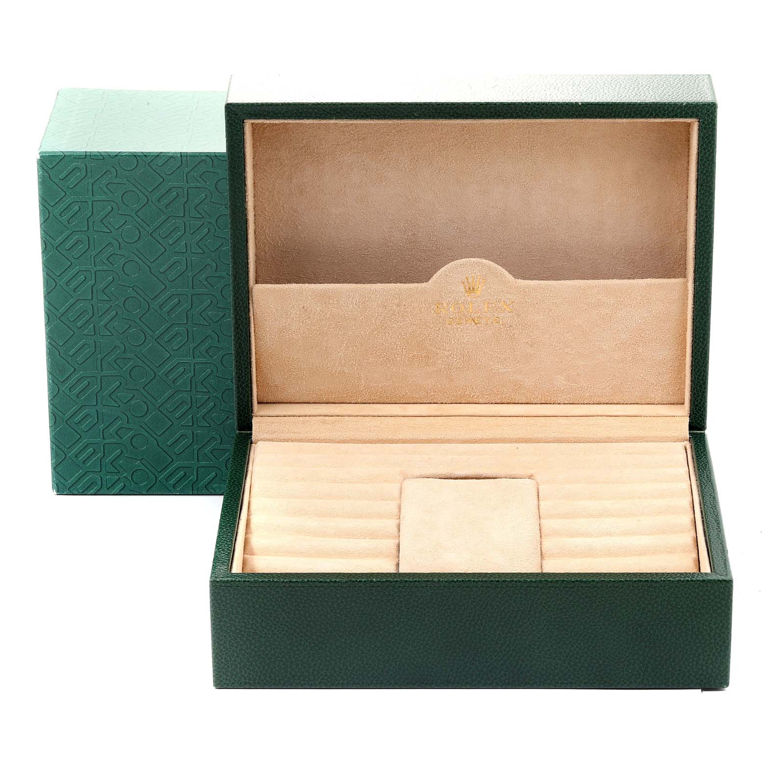 This image shows an open luxury green and beige box for a Rolex President 18238 Men
s Yellow Gold Champagne Dial 18238 Men
s Yellow Gold Champagne Dial model, with a holder and slots inside.