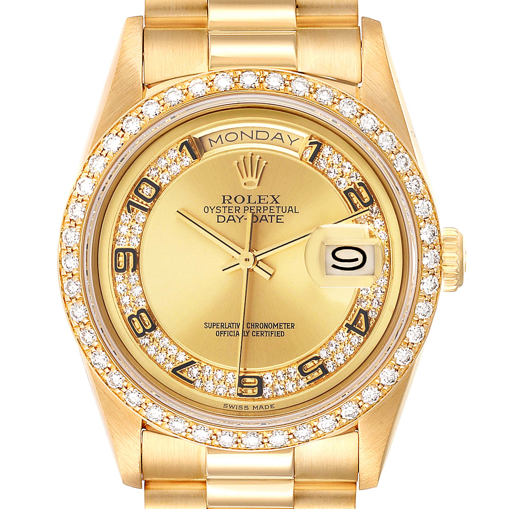 The image shows a frontal view of a Rolex President 18238 Men
s Yellow Gold Champagne Dial 18238 Men
s Yellow Gold Champagne Dial model watch, highlighting its dial, bezel, and part of the bracelet.