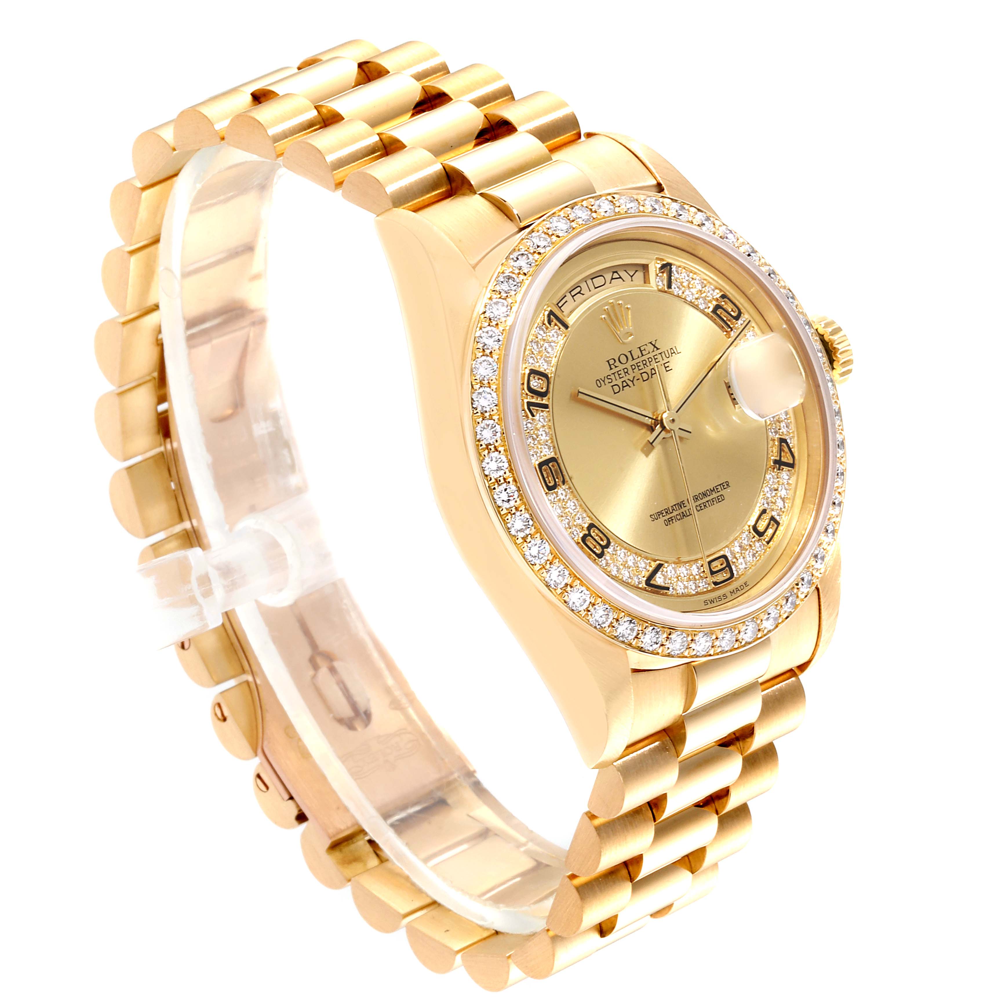The image shows a side angle of a Rolex President 18238 Men
s Yellow Gold Champagne Dial 18238 Men
s Yellow Gold Champagne Dial model watch with a gold band and diamond-studded bezel.