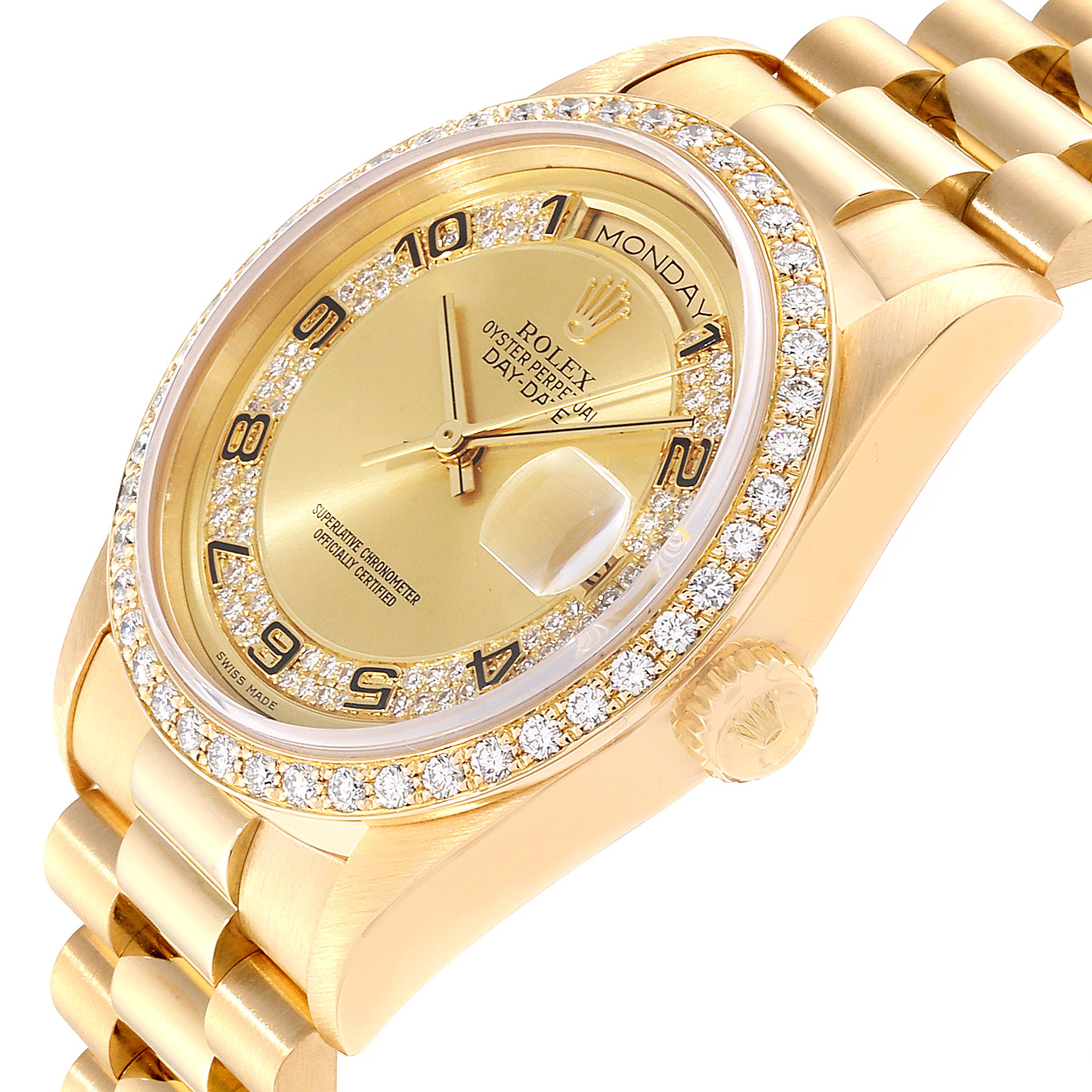 The image shows a Rolex President 18238 Men
s Yellow Gold Champagne Dial 18238 Men
s Yellow Gold Champagne Dial model watch from an angled side view, highlighting the face, crown, and part of the bracelet.