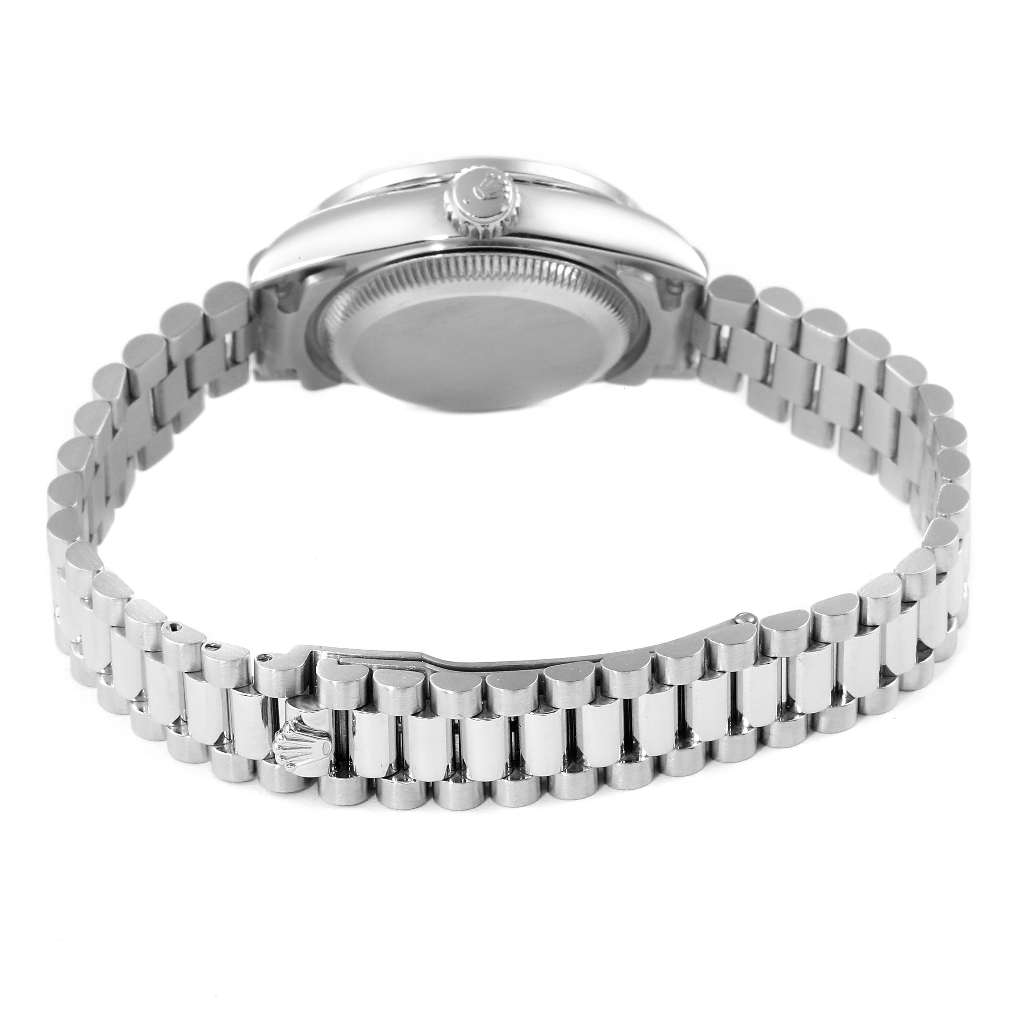The image shows the back and side view of the clasp and bracelet of a Rolex President 69136 Women's Platinum Silver Dial 69136 Women's Platinum Silver Dial model watch.
